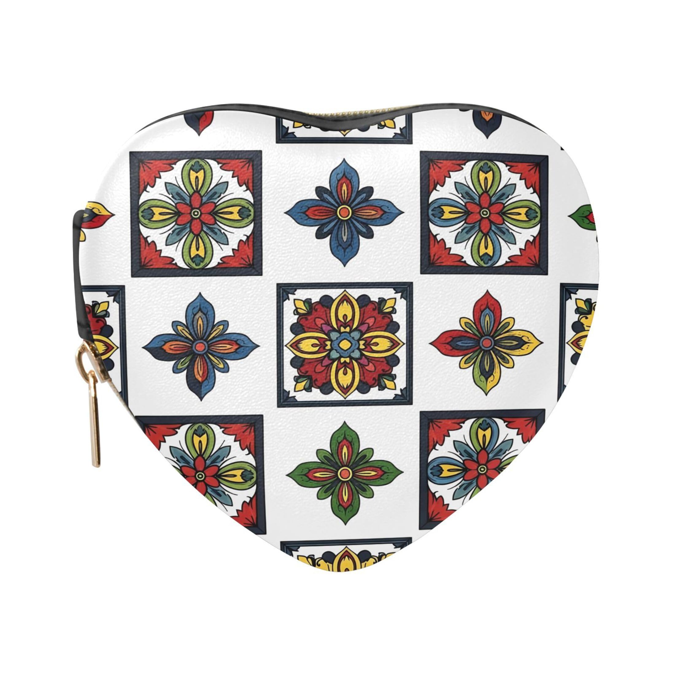 Fuauuyl Tribal Tiles Small Jewelry Box Heart-Shaped Jewelry Case, Portable Travel Organizer Bridesmaid Proposal Gift for Women Girls