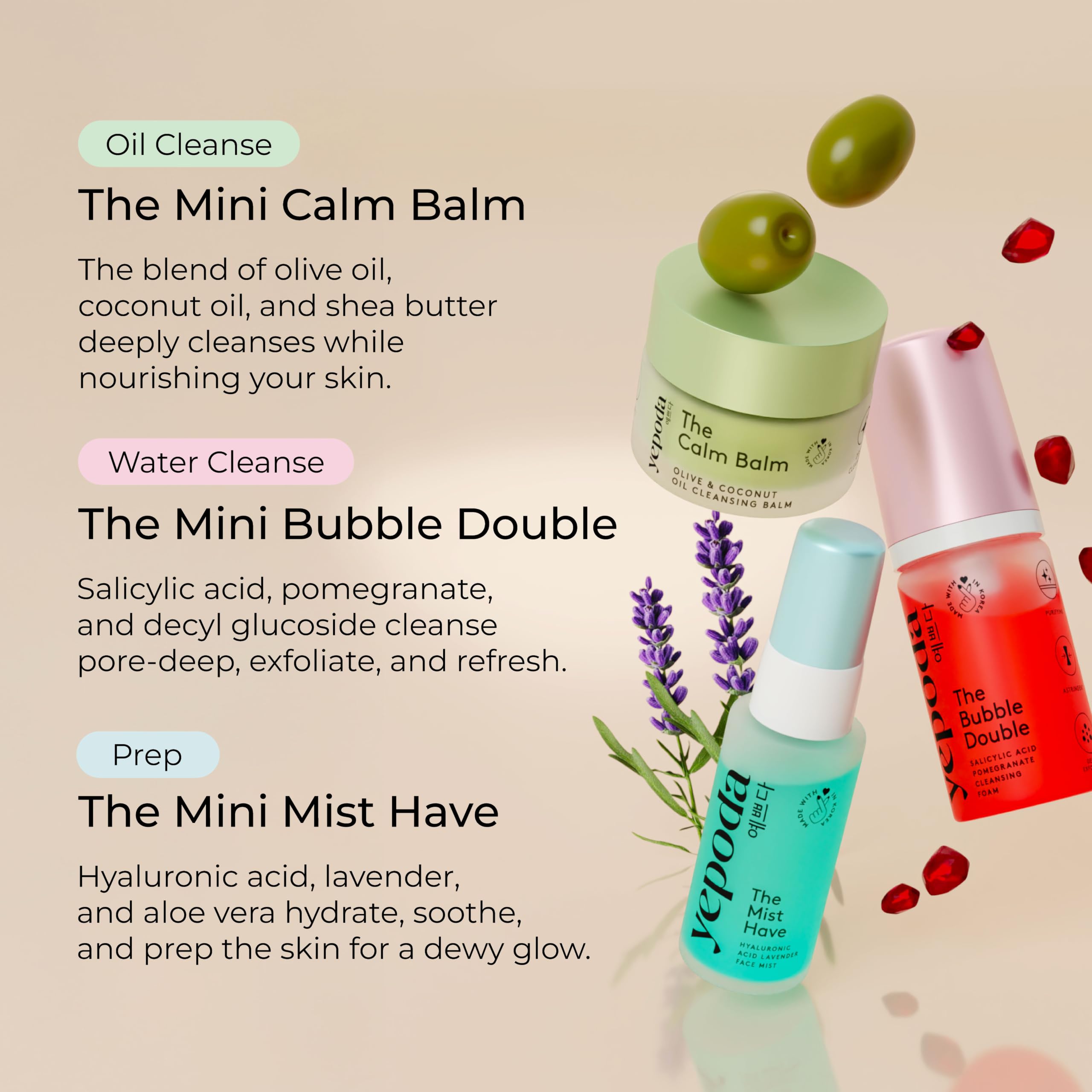 Yepoda The Mini Daily Essentials Set, K-Beauty Test- oder Reise-Set mit 3 Produkten: Reinigungsbalm, Reinigungsschaum und Toner Spray.