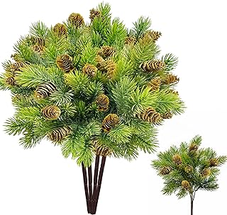 SNAIL GARDEN 4 Bunches Artificial Pine Branches with Abundant Pine Cones, Large Christmas Pine Needle Branches, Lush and Bendable Faux Pine Picks with Pinecones for DIY,Christmas and Home Decoration