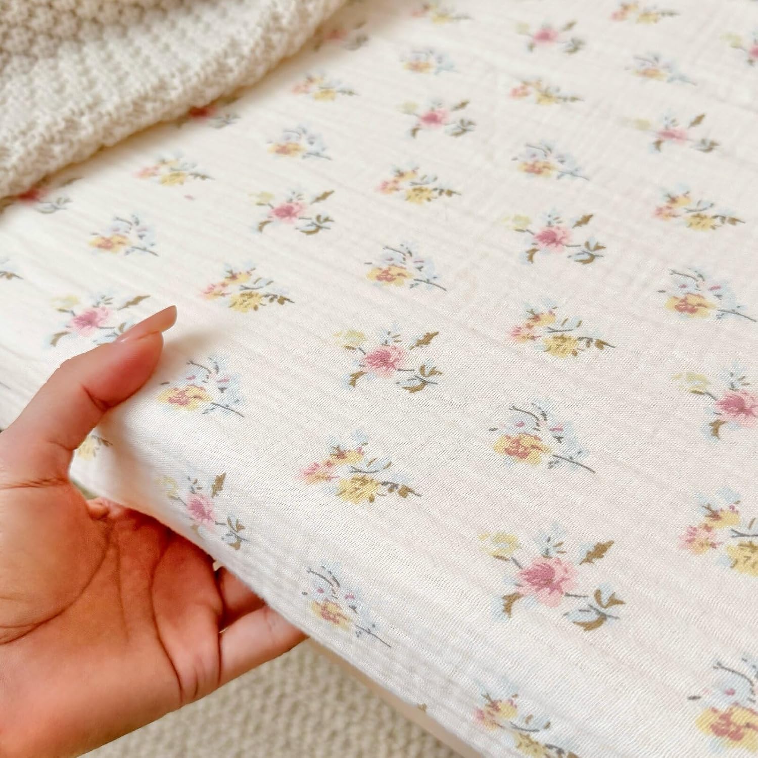 BuLuTu Muslin Pack N Play Mattress Sheets 38"x26", 2 Pack Mini Crib Fitted Sheets for Girls Boys, 100% Cotton Soft Breathable Baby Mattress Sheet 360° Mattress Wrapping, Camellia & Azalea