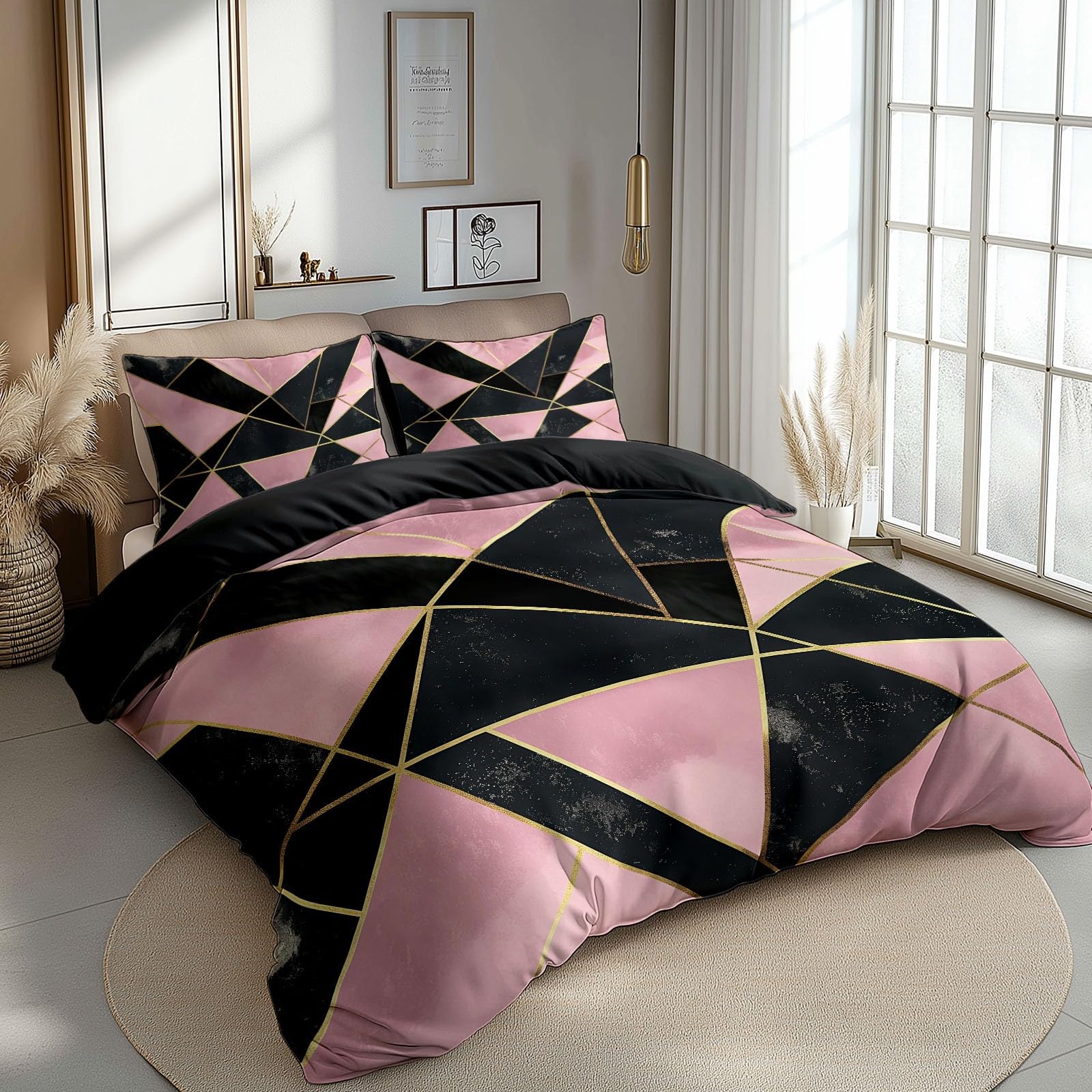 Juego de funda nórdica con estampado Minimalista Geométrico Triángulo para adultos, adolescentes De Microfibra con Cremallera Negro Funda nórdica Lavable - 135 x 200 cm Ropa de cama