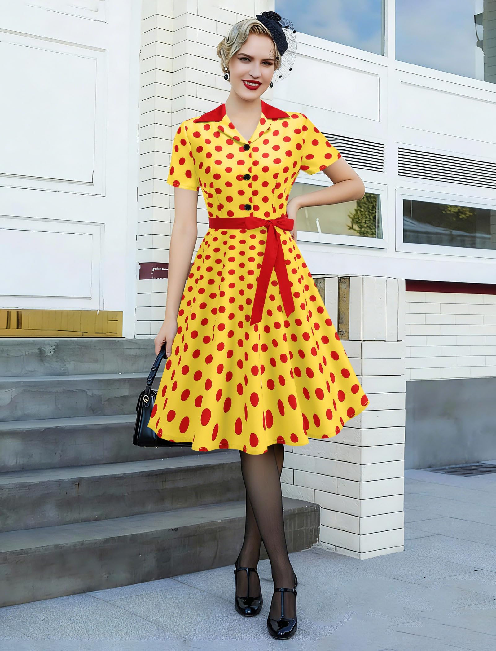 Robe rockabilly vintage années 50 pour femme - Manches courtes - À pois - Robe swing - Robe de cocktail - Longueur genoux - Robe midi avec ceinture