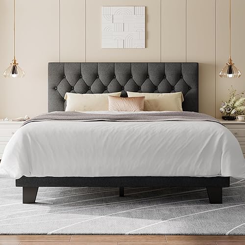 Miniatura 12 de Feonase Marco de cama de plataforma twin con cabecera capitoné con botones, cama tapizada de lino con soporte de listones de madera, no necesita