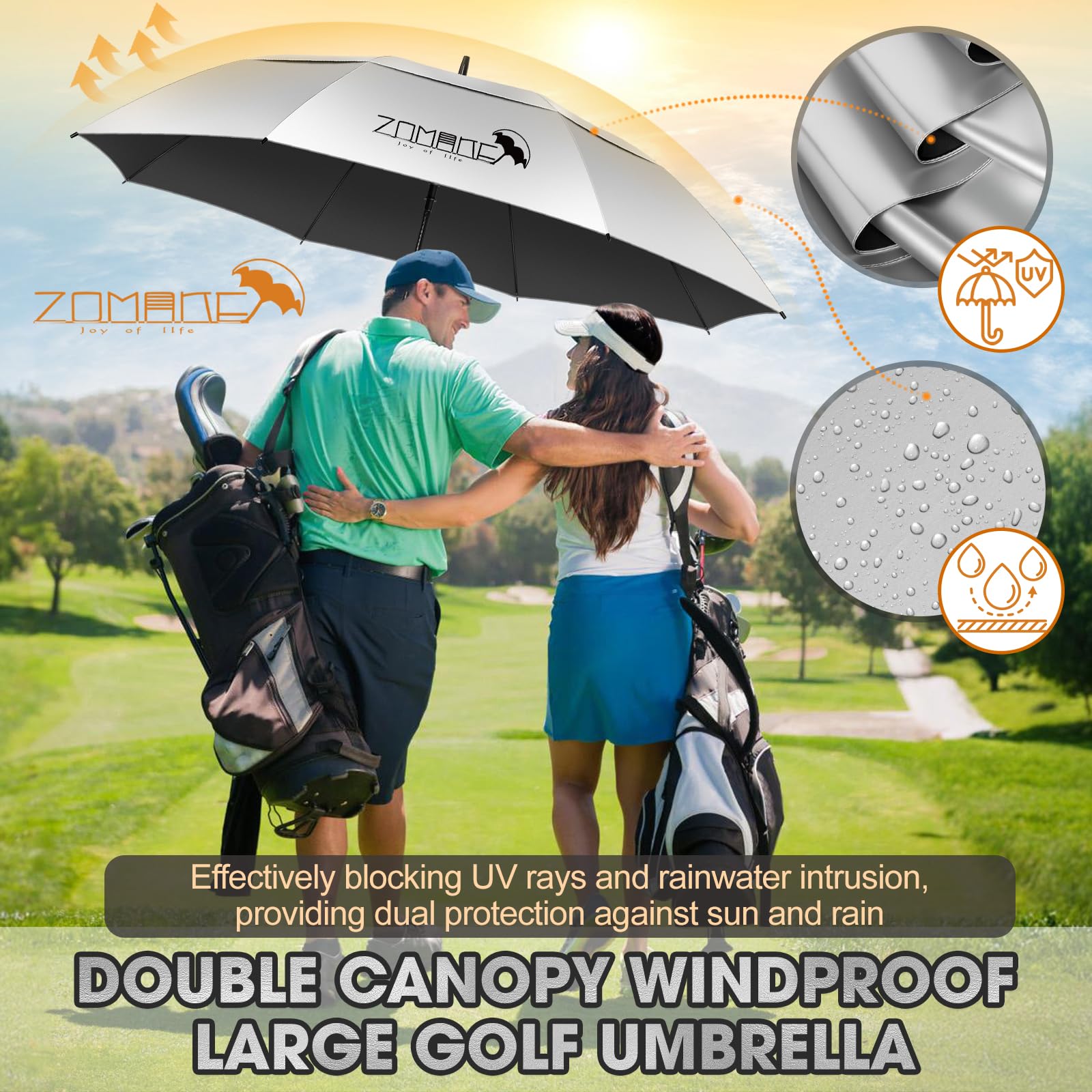 ZOMAKE Paraguas Golf Grande XXL 68/62 pulgadas UV Antiviento Doble Cubierta Mango Madera