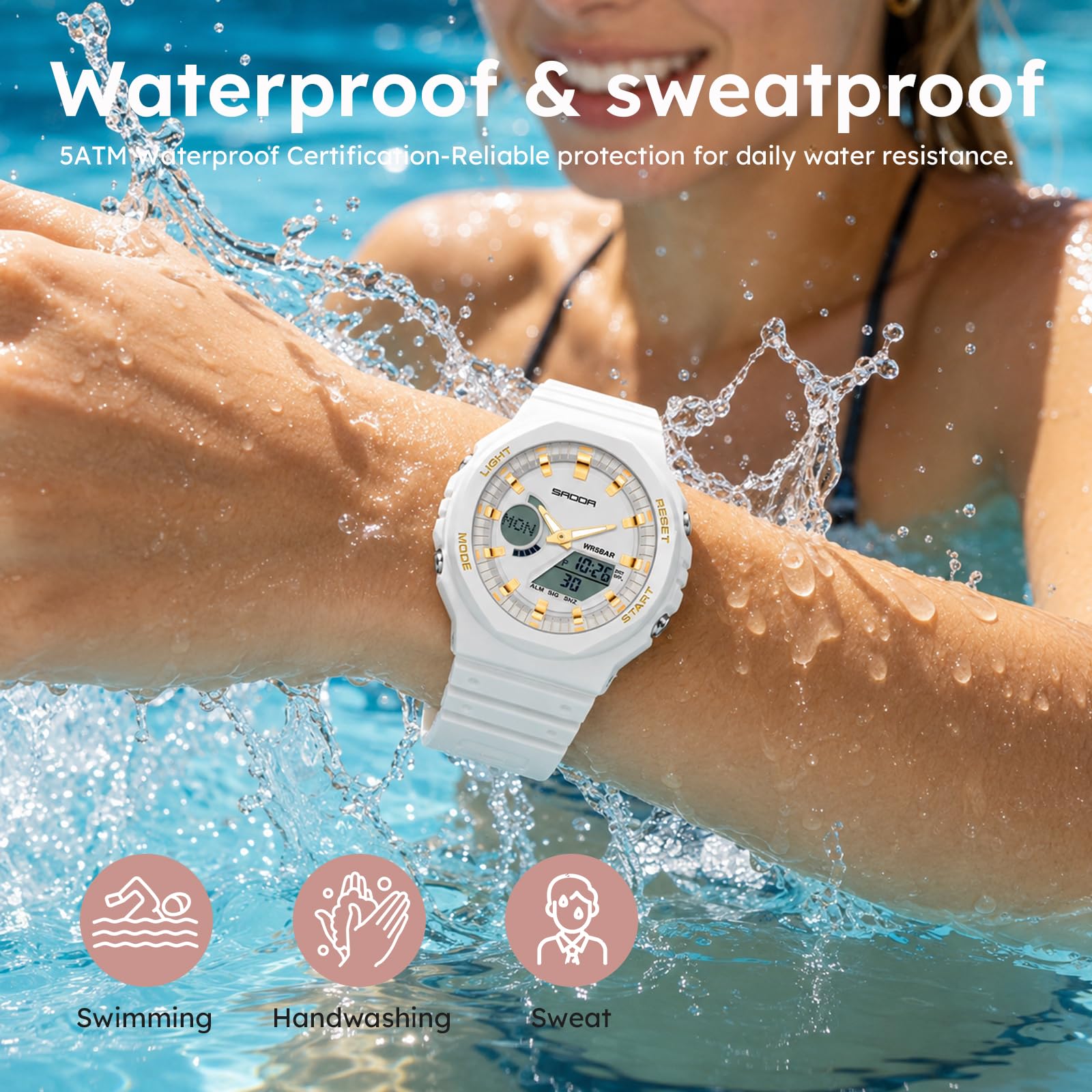 Reloj digital para mujer, reloj deportivo resistente al agua hasta 5 ATM | Relojes de pulsera analógicos con retroiluminación LED, calendario de 12/24 horas