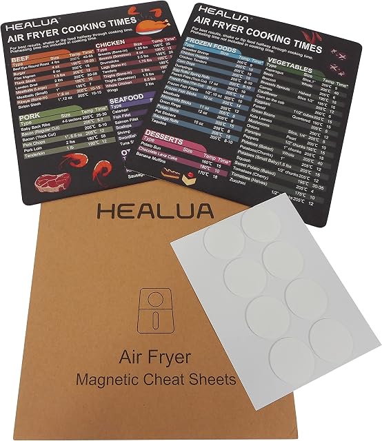 Air Fryer Magnetic Cheat Sheet Set by HEALUA - Easy to Read Clear Text - Essential Air Fryer Accessories with Cooking Time for Foods in Deg C