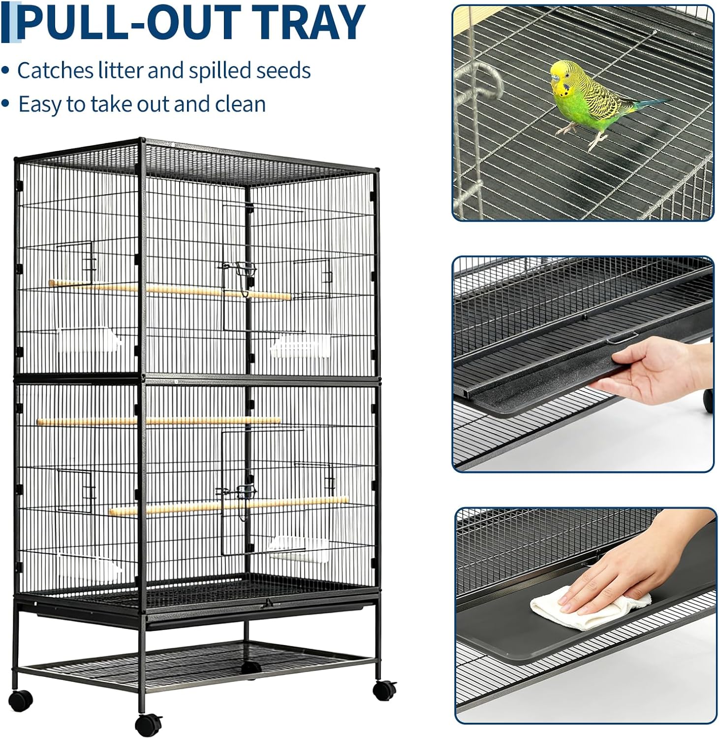 60" H Large Bird Cage, Rolling Bird Cage with Storage Stands, Feed Bowls, Wide Flight Parakeet Cage for Macaw, Parakeets, Conures, Cockatiel, Cockatoo