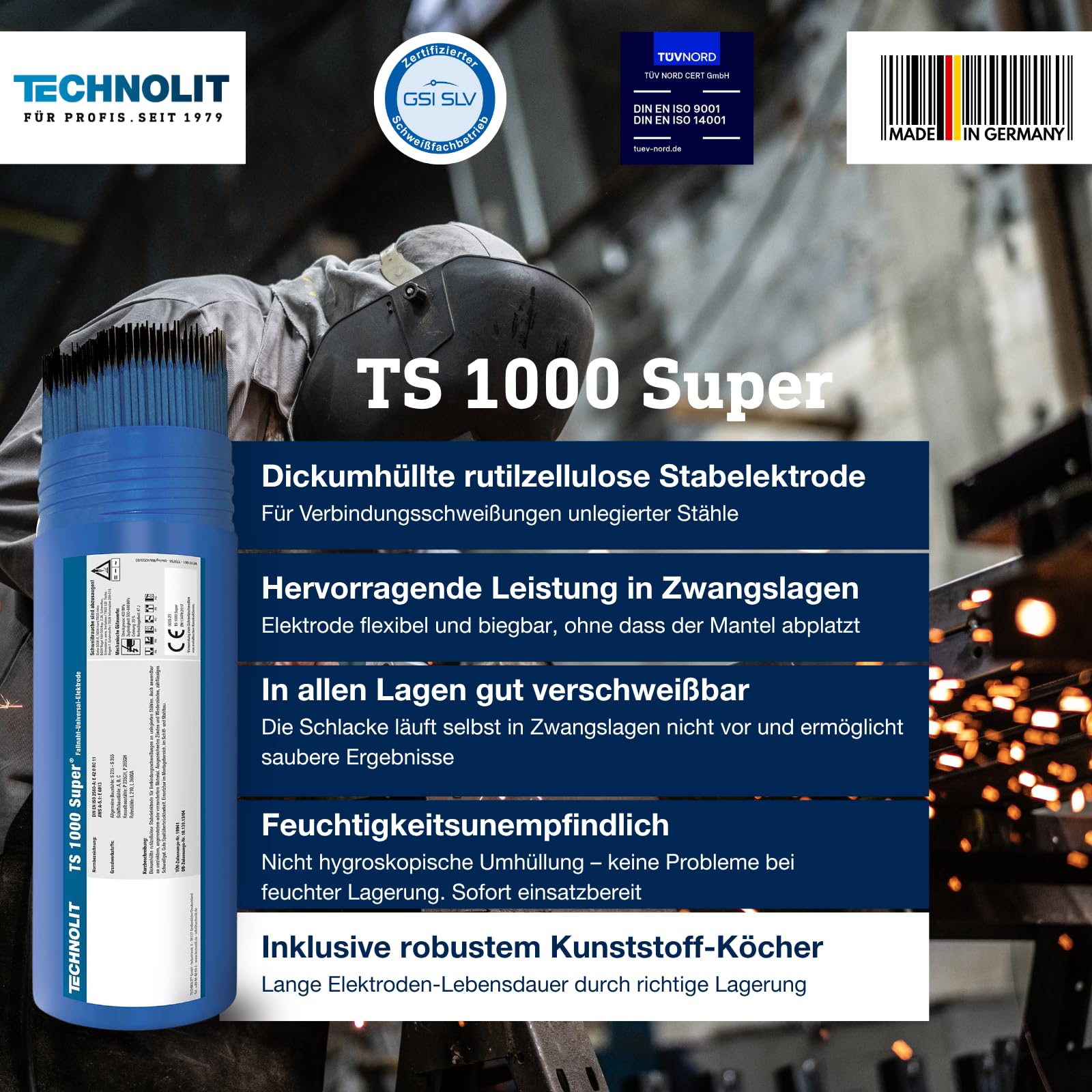 TECHNOLIT TS 1000 Super Fallnaht-Elektrode 2.5 x 350 mm 1 kg | Rutilzellulose Stabelektrode für Zink, Rost & Farbe | Für Montage, Stahl- & Schiffbau