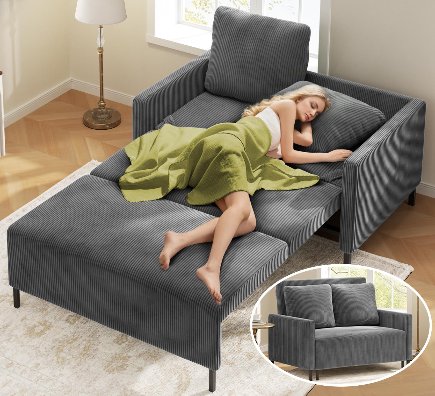 Domusensus Schlafsofa, 120CM Cord Sofa mit Schlaffunktion, 2 Sitzer Sofa | Schlafcouch 53CM Extra Tiefe Sitze, Couch mit schlaffunktion, Klein Sofa 2 Sitzer, Schlafzimmer Sofas fürs Büro 2 Kissen,Grau