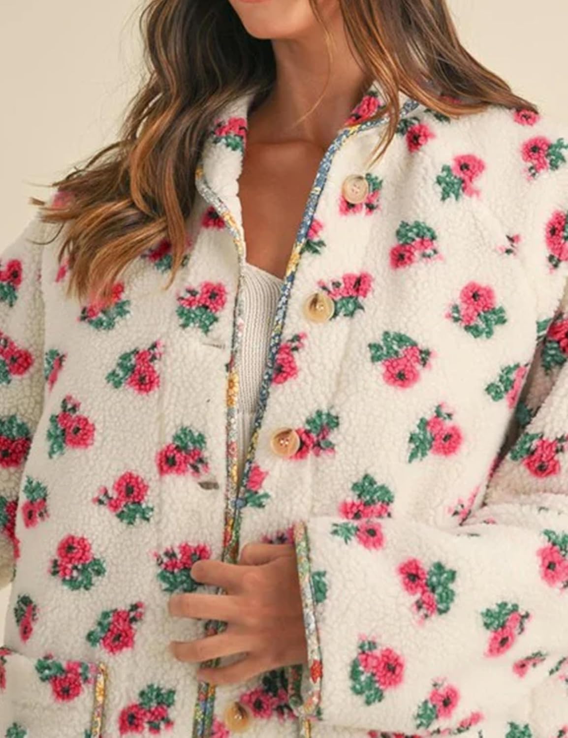 Dqbeng Womens Floral Sherpa Fleece Jacket Long Sleeve Button Up Oversized Casual Teddy Coats Outerwear with Pockets (Cream-M) - Image 3