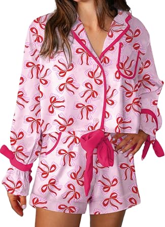 SOOKABEILA Womens Y2k Pajamas Bow Tie Long Sleeve Shirt and Ruffle Shorts Cute Silk 2 Piece Sleepwear Lounge Sets