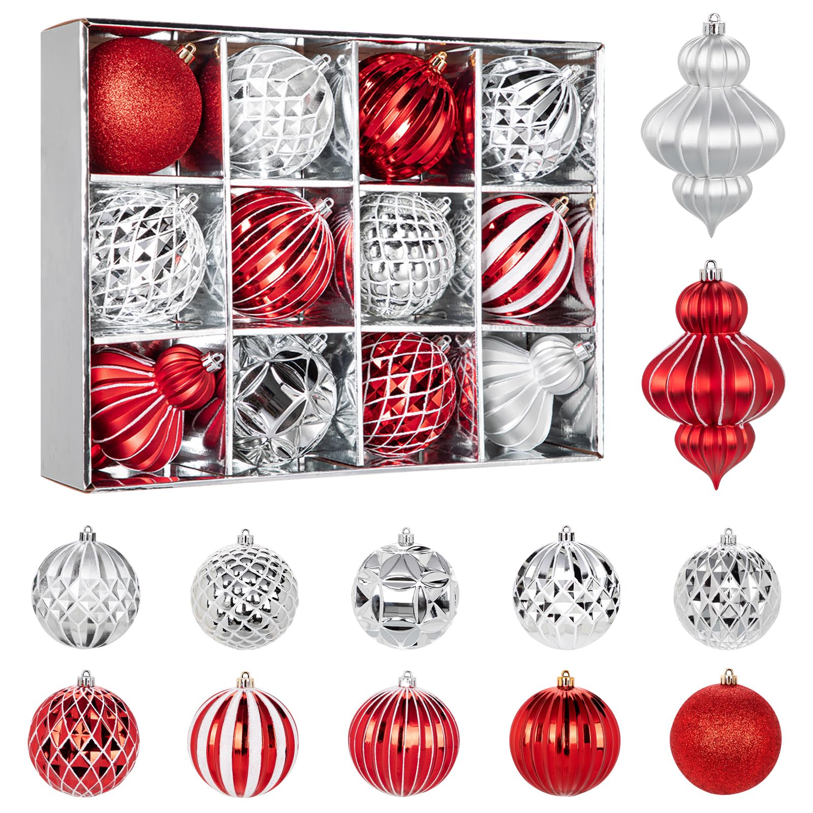 Hollyone 10CM 16CM Boules de Noël en Plastique, Lot de 12 Décorations pour Sapin de Noël, Rouge et Argent, Décorations Suspendues Incassables pour Noël, Boules de Noël Scintillantes pour Les fêtes