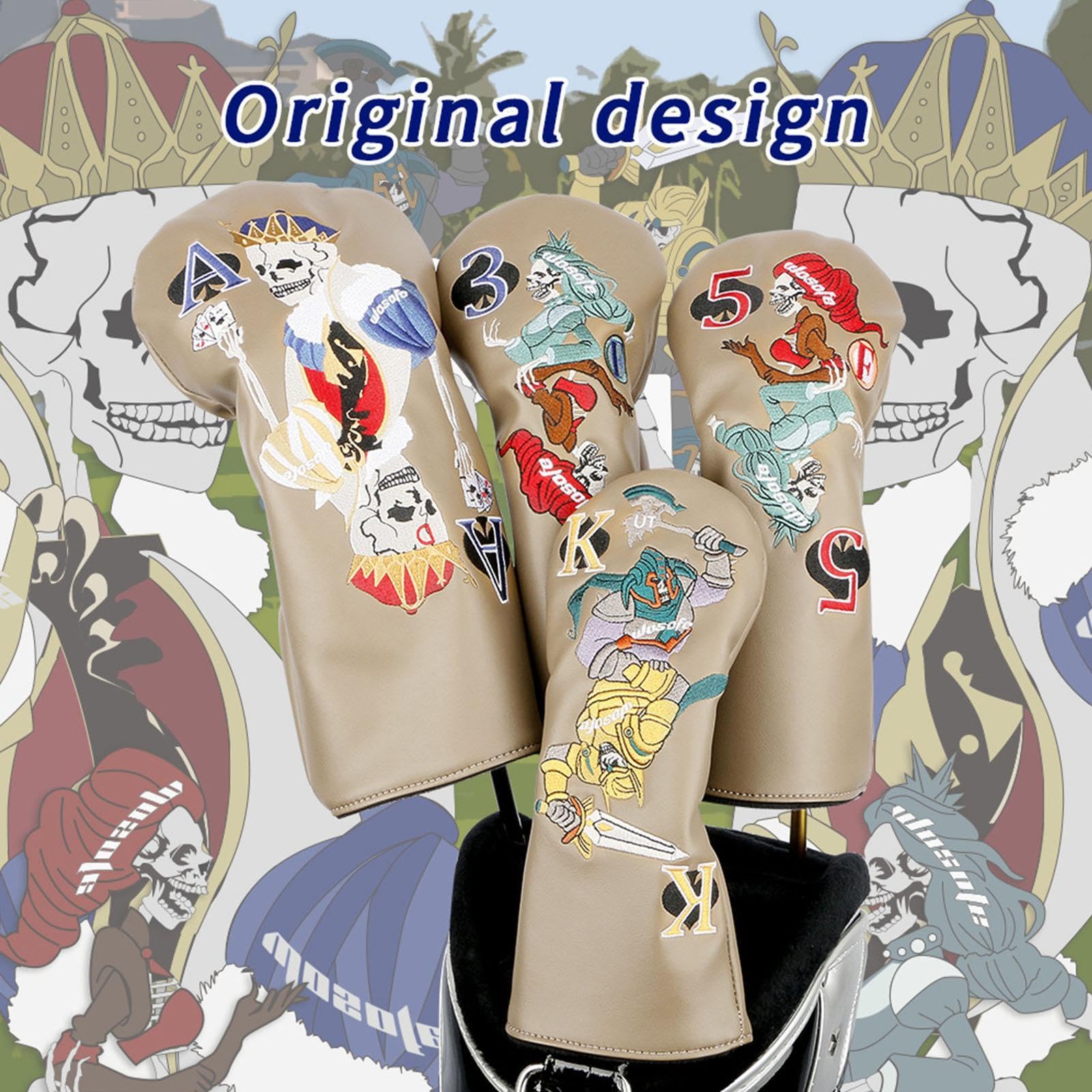 Lot de 4 housses de clubs de golf brodées avec motif crânes | Lot de 4 housses élastiques pour clubs de golf et driver pour entraînement de golf