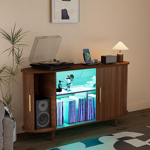 Miniatura 5 de Soporte para tocadiscos de vinilo con luces LED y estación de carga, soporte grande para discos con puerta corrediza para tocadiscos, altavoces,