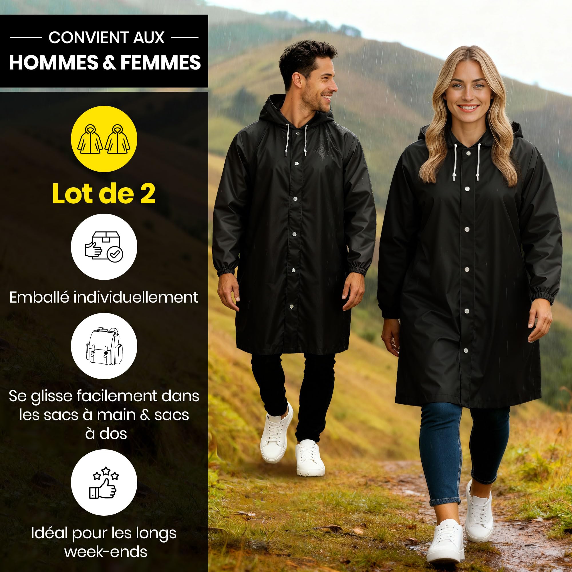 REDSTAR Poncho Pluie Imperméable Femme et Homme avec Capuche - 2 pièces, Veste longue waterproof à boutons pour adulte, Poncho de pluie long pour adulte, Pliable, Pour festival, randonnée, vélo