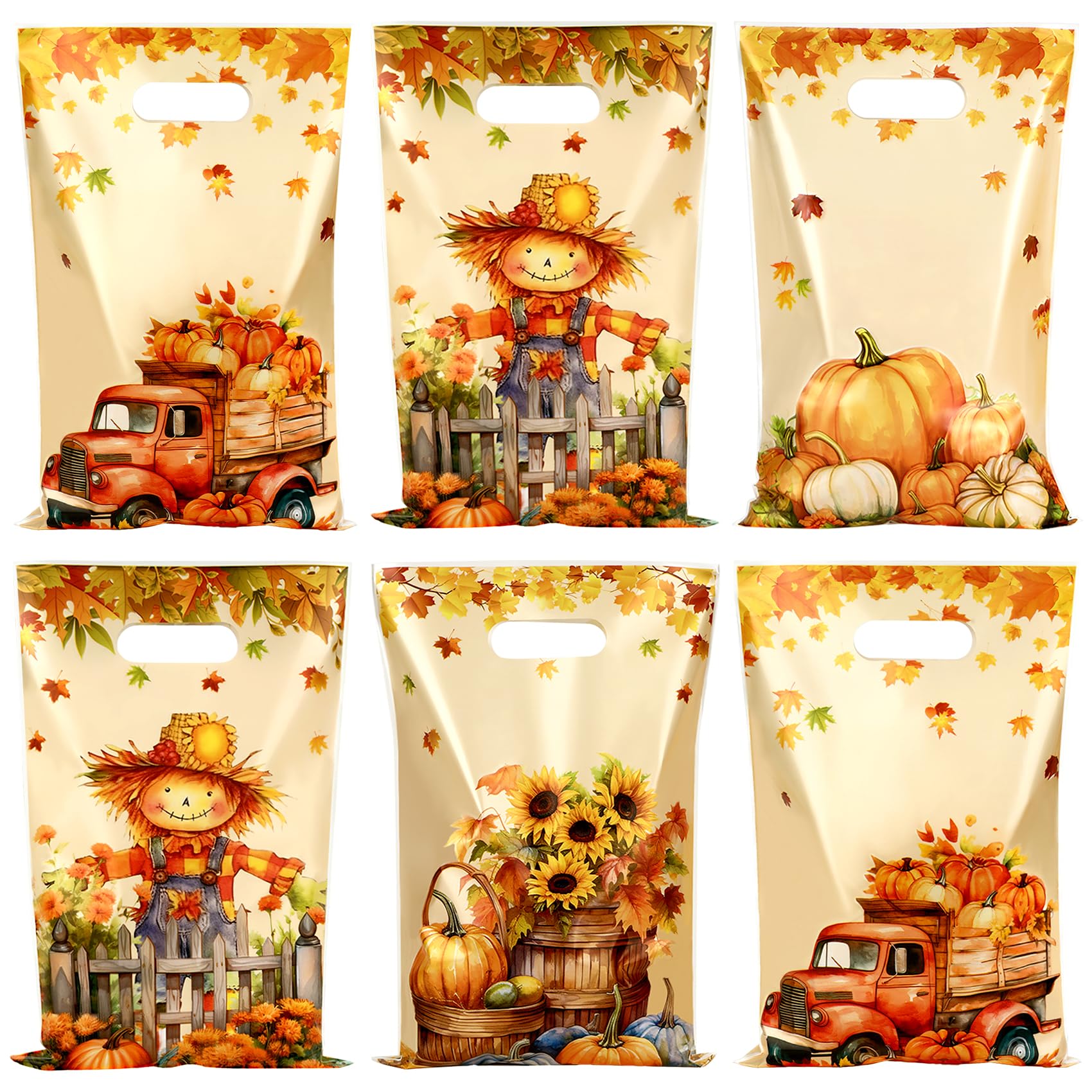 60 PCS Fall Thanksgiving Gift Bags with Handle, Fall Thanksgiving Treat Bags, Plastic Falls Autumn Maple Leaf Candy Cookies Bag Scarecrow Pumpkin Goodie Gift Bag for Falls Haverst Party Favor Supplies