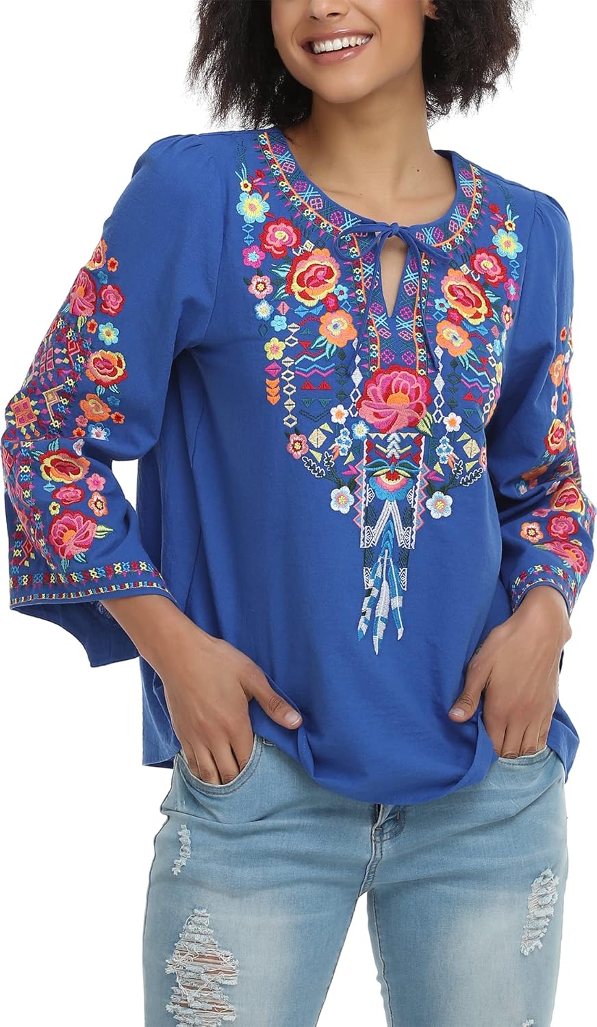 YZXDORWJ Women's Mexican Long Sleeve Blouse Embroidered Traditional V Neck Top Boho Tunic