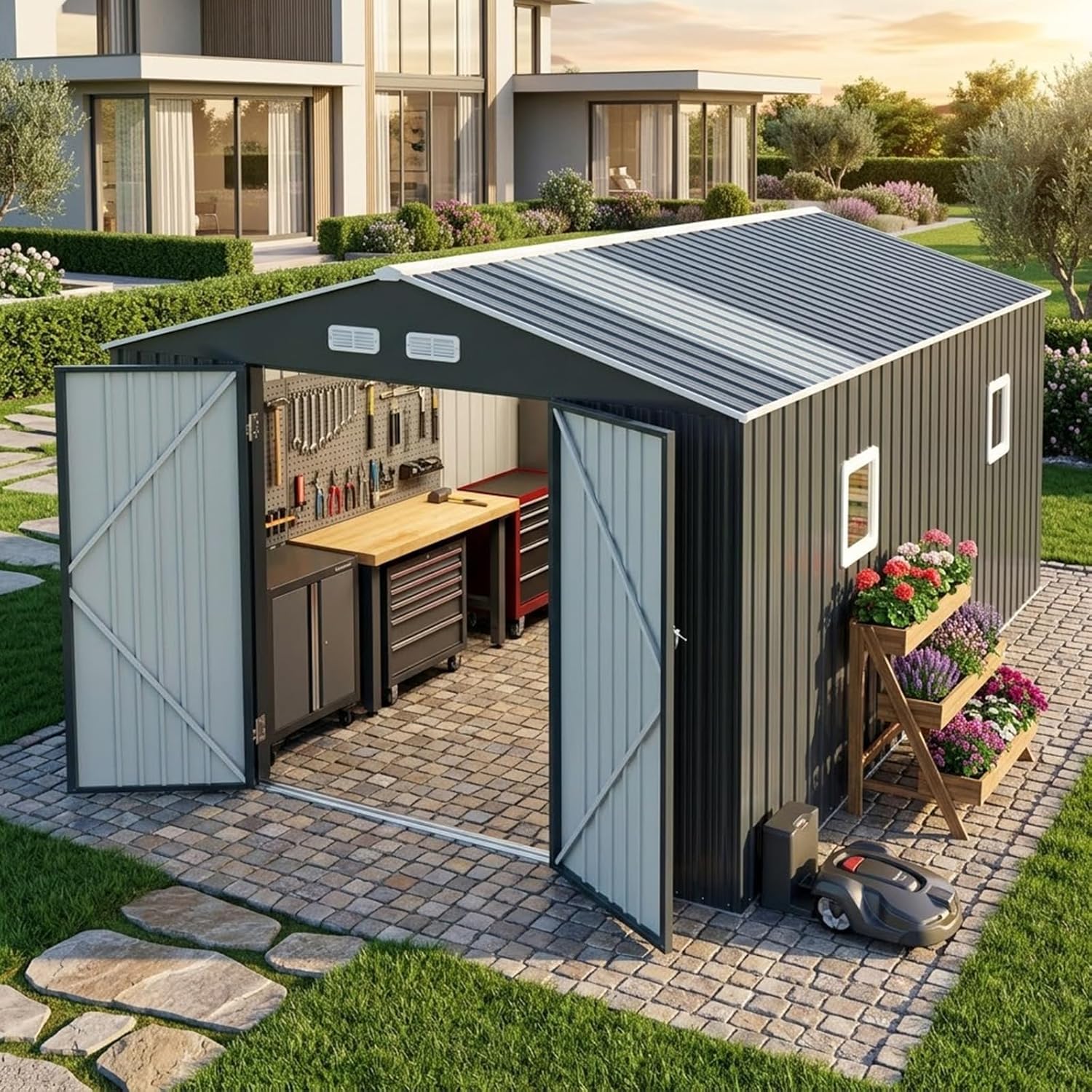 10x12 FT Outdoor Storage Shed | Super-Reinforced Steel Shed | Skylight Roof & Windows | 15-Year Anti-Rust | Lockable Garden Storage