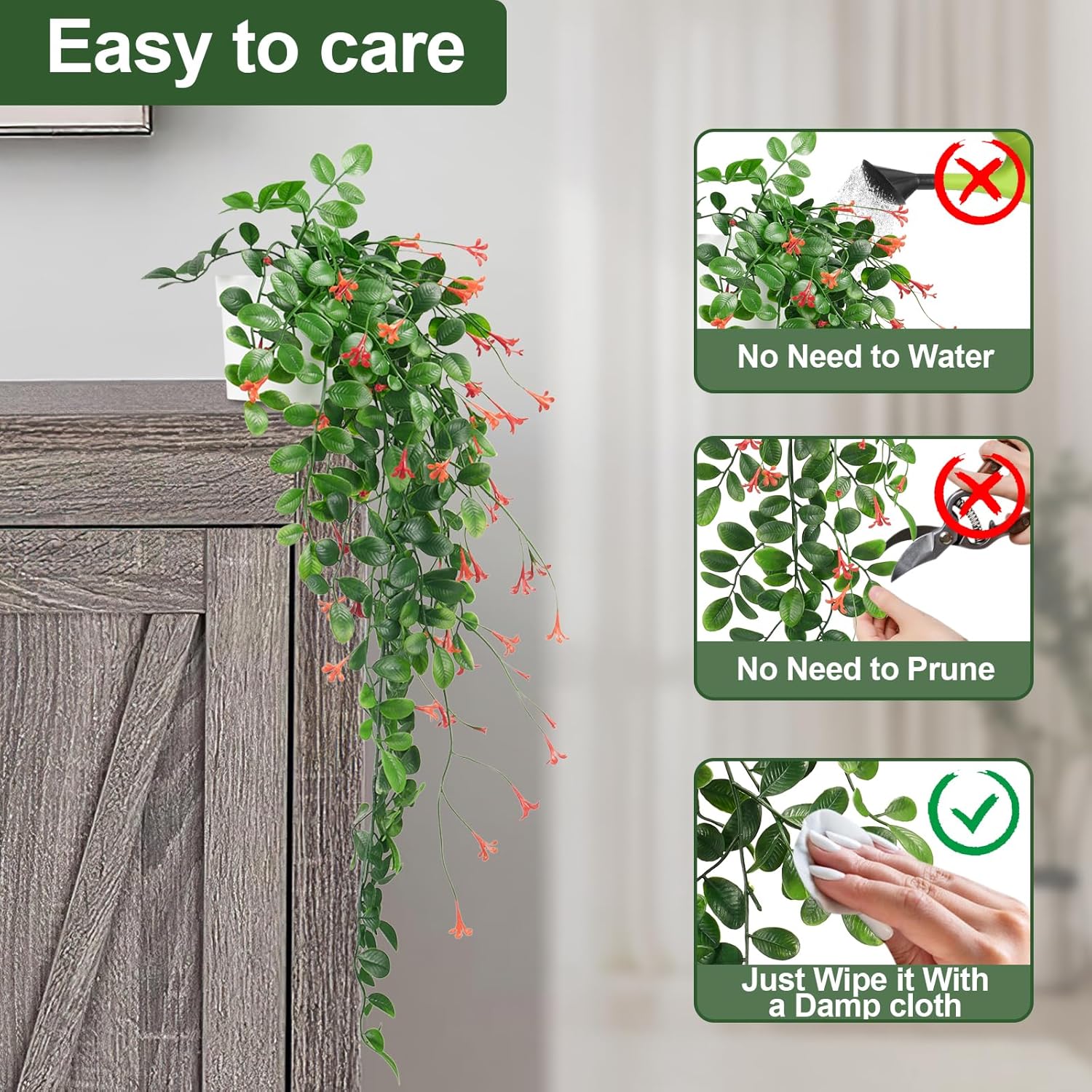 2 x Fake Hanging Plants Small Artificial Potted Lysimachia Plants with OrangeRed Flowers for Home Decor Hanger Greenery for Wall Room Indoor Outdoor Shelf Decor OrangeRed