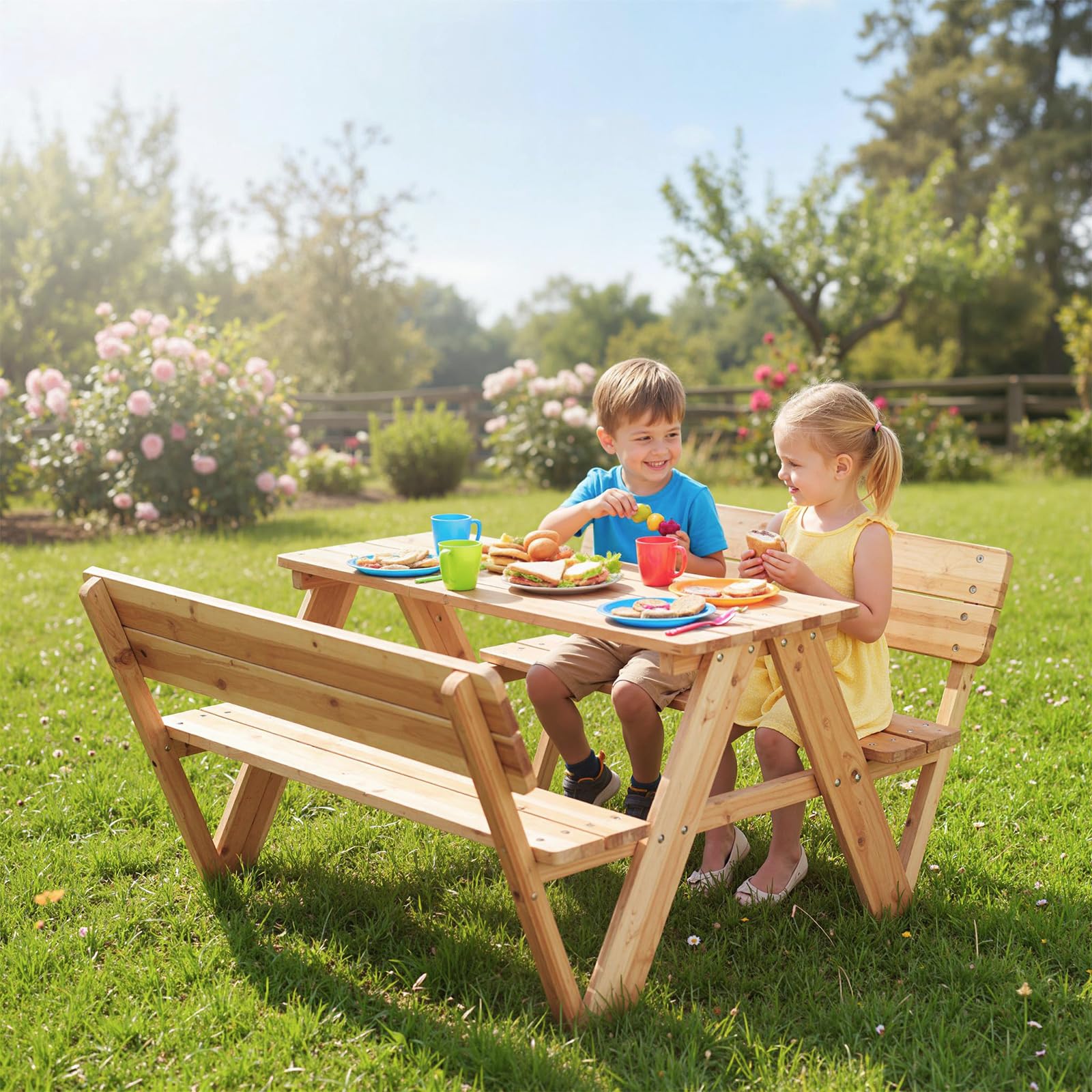 COSTWAY Kinder Picknicktisch, Kindersitzgruppe Outdoor mit Tisch & 2 Sitzbänken, Kindersitzgarnitur Garten für bis zu 4 Kinder, Sitzgruppe Gartenmöbel aus Holz für Jungen & Mädchen ab 3 Jahren
