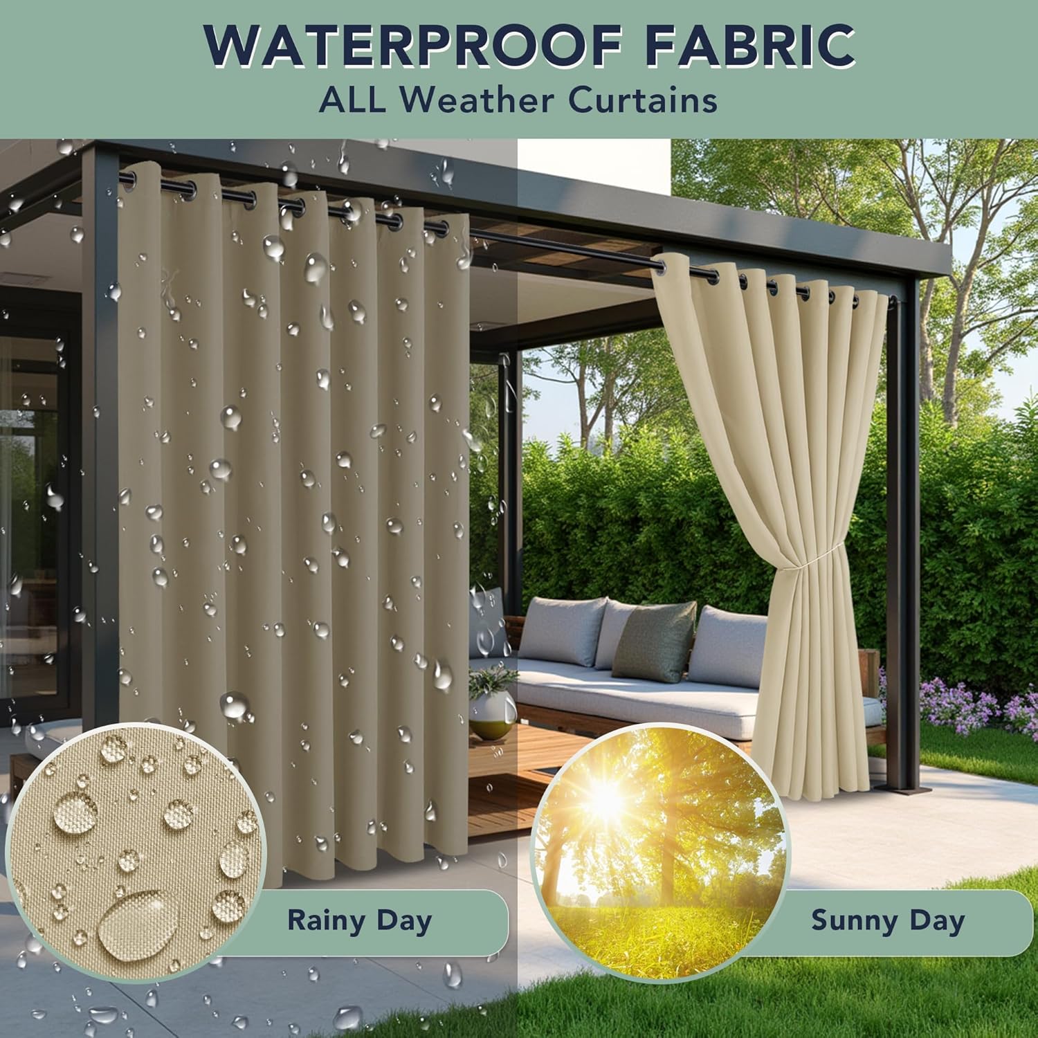 Outdoor Curtains for Patio Waterproof - 6 Panels Privacy Weatherproof Outside Curtains with Grommets for Pergola, Gazebo, Porch, Cabana, Balcony, 54 x 84 Inch, Cream