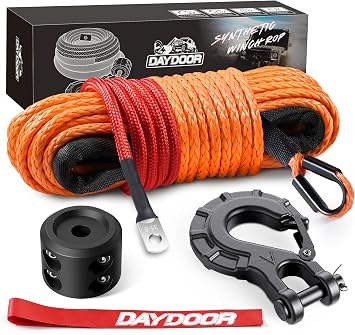 DAYDOOR Synthetic Winch Rope, 1/4 Inch x 50ft 10,000LBS Synthetic Winch Line, Winch Cable for Offroad Vehicle 4WD ATV UTV, Synthetic Rope with Forged Winch Hook and Rubber Stopper Orange