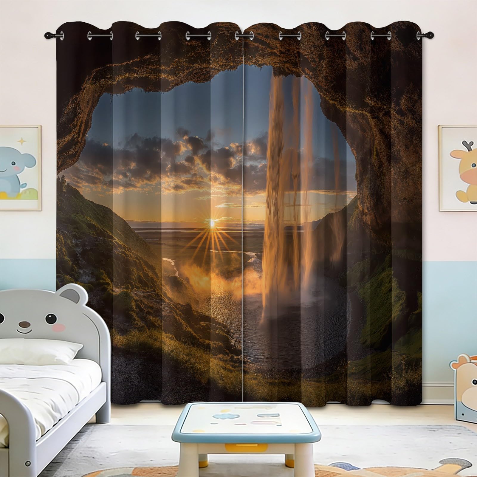 Tende paesaggistiche naturali con montagna blu, 100 x 213 cm, 2 pannelli