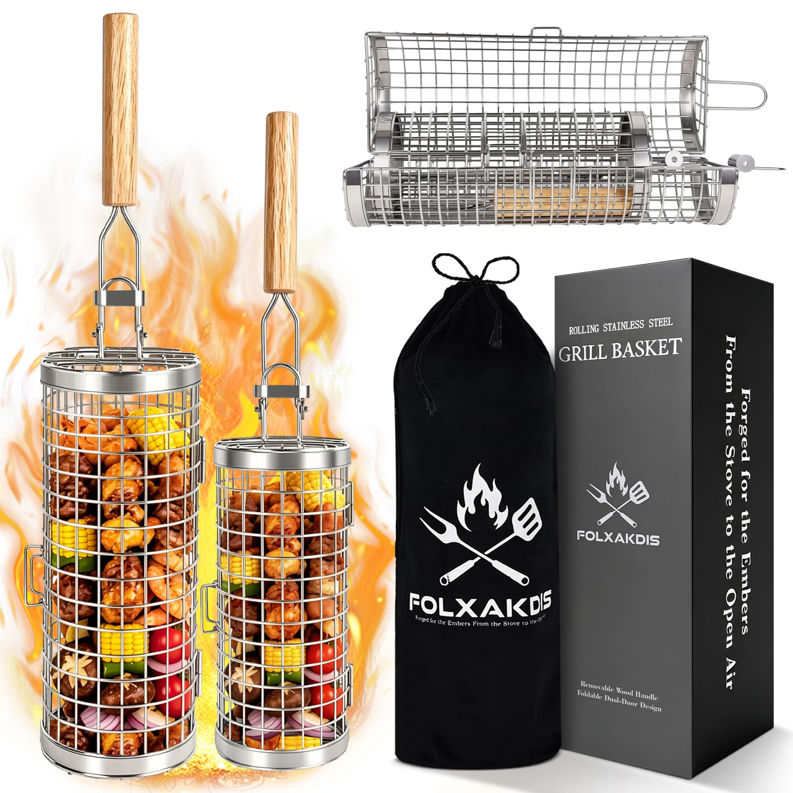 Cestello BBQ Rotante Acciaio Inox 304 Accessorio Grill Apertura a Conchiglia e Manico in Legno Smontabile Ideale come Regalo per la Festa del Papà Compleanno Natale Capodanno Uomo (S+XL)