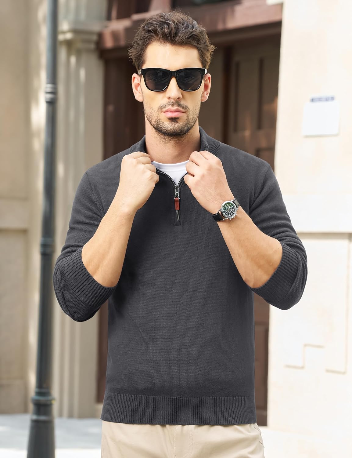 MAGNIVIT Men's Sweater Quarter Zip Pullover Fall Winter Spring Knitted Solid Color Sweater - Image 3