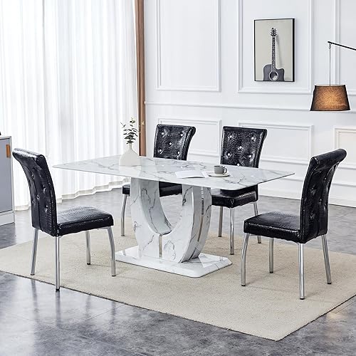 Miniatura 21 de JUFU Juego de mesa de comedor de mármol para 6 personas con mesa de mármol sintético de 63 pulgadas y pedestal en forma de U, mesa de comedor 6