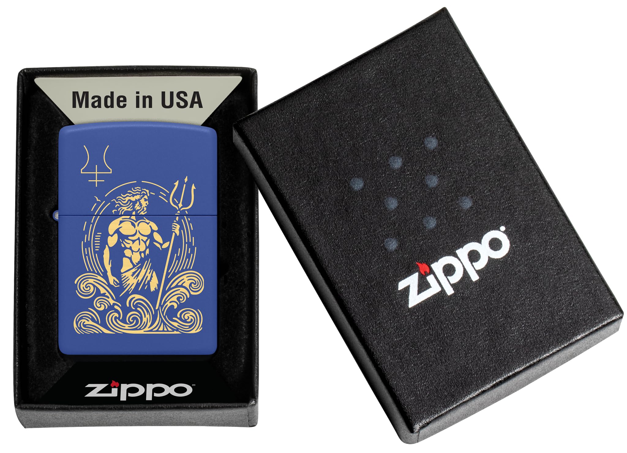 Zippo Accendino da tempesta – God Nettune, Royal Blue Matte, Laser Engrave – Ricaricabile – Riutilizzabile – Design antivento – Confezione regalo – Made in USA