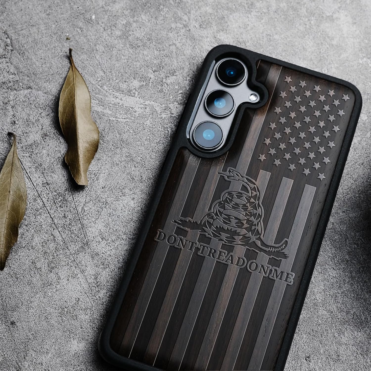 Carveit Wood Case for Galaxy S25 Case 2025 [Natural Wood & Black Soft TPU] Shockproof Protective Cover Unique Wooden Design Compatible with Samsung S25 (Gadsden and American Flag-Blackwood)