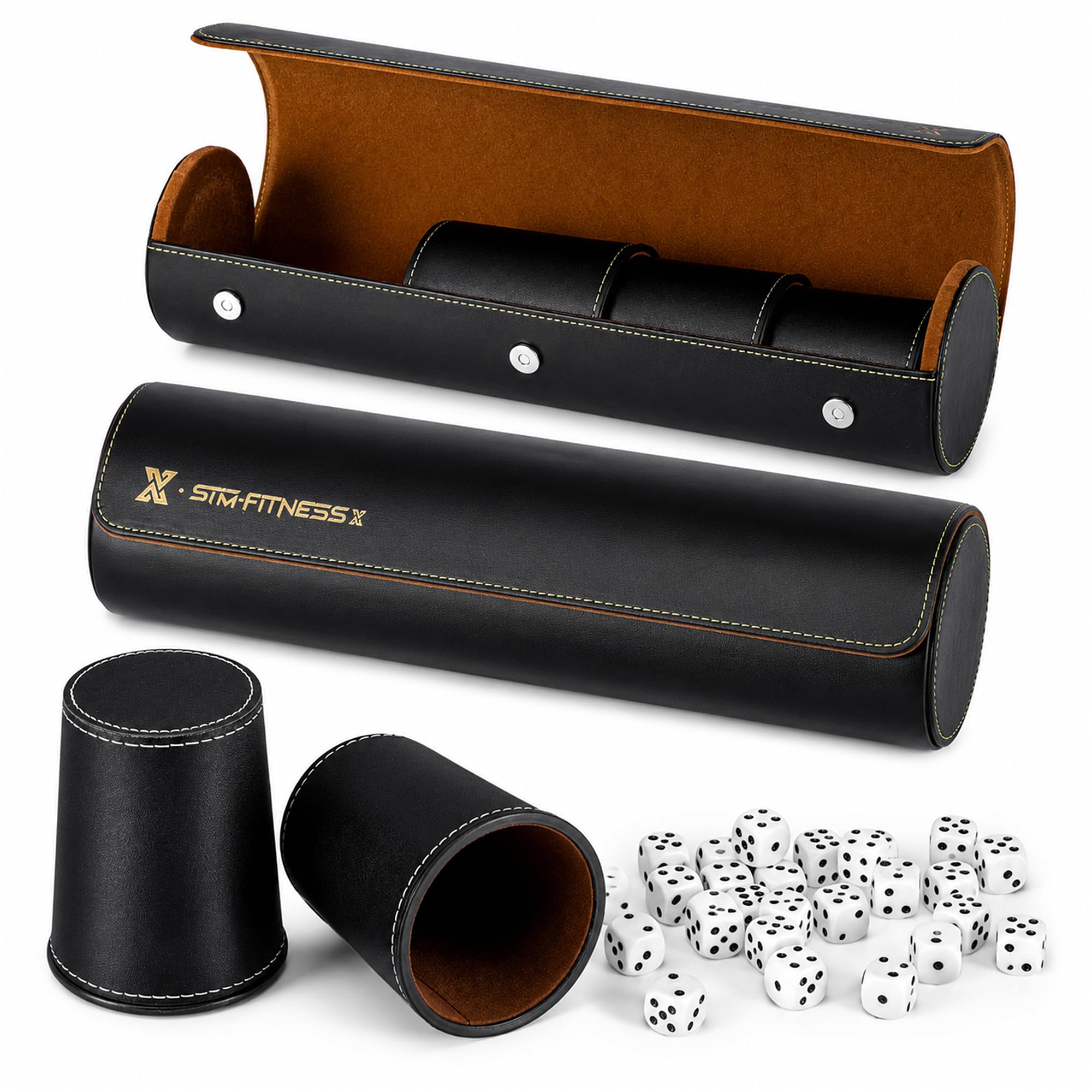 ImnBest Leder Würfelbecher Set, 10 schwarze Leder Würfelbecher + 50 Würfel +2 Exklusive Aufbewahrungs- und Transportkoffer aus Kunstleder mit Magnetverschluss (2er Pack)