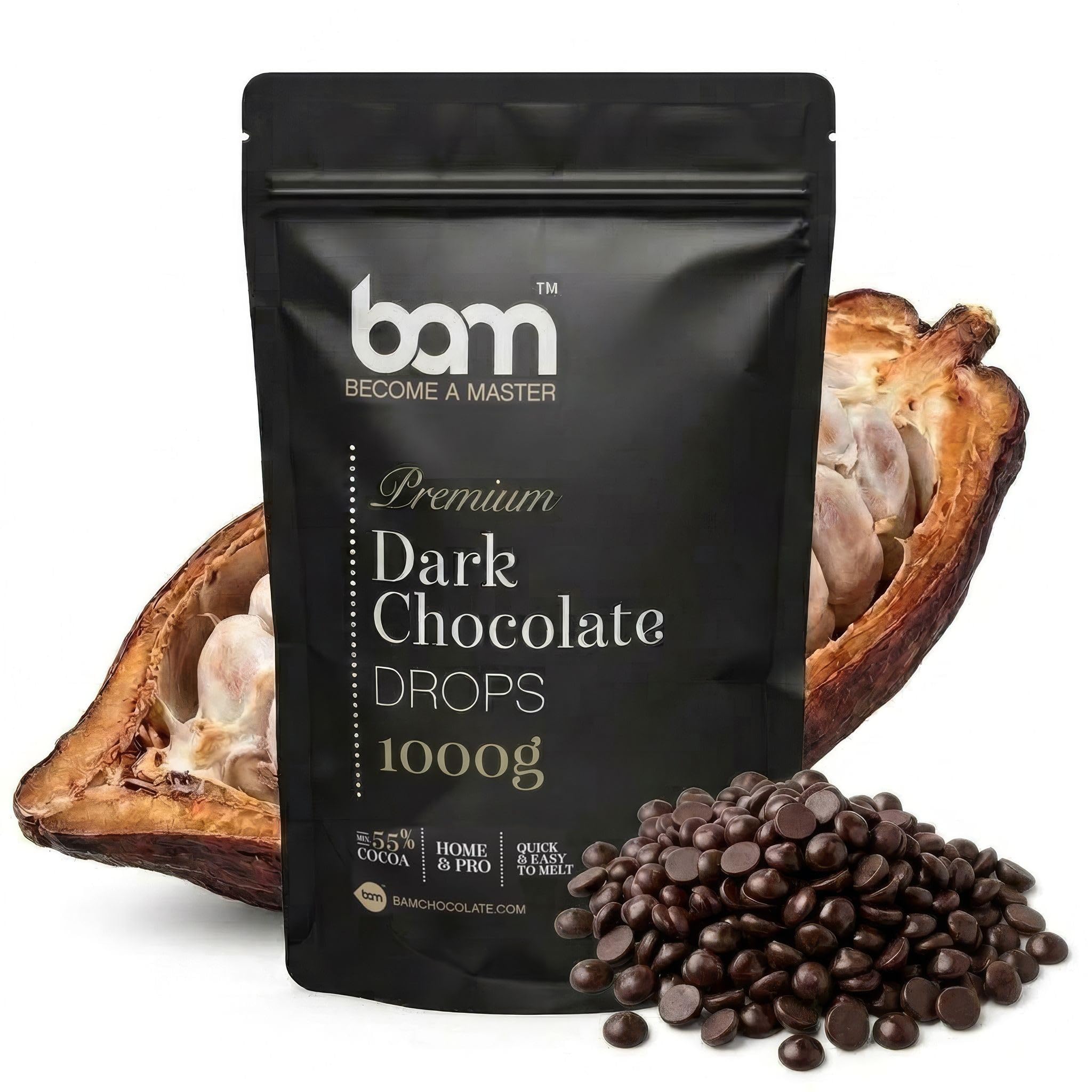 BAM Zartbitter Schokolade Drops – Kuvertüre Backschokolade (55,6% Kakao) – Schokodrops zum Backen & Schmelzen – Dark Chocolate Chips für Cookies, Schokofondue & Schokobrunnen - 1 kg