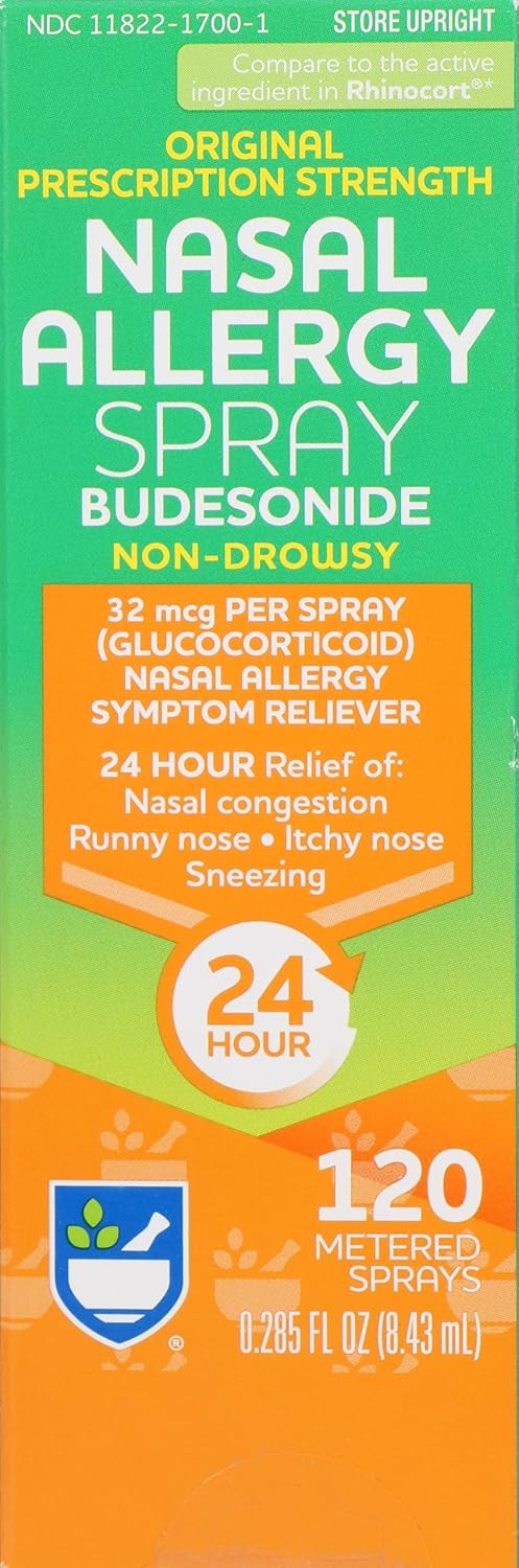 Rite Aid Budesonide Allergy Nasal Spray - 120 Metered Sprays | 24-Hr Non-Drowsy Allergy Relief | Sinus Medicine Decongestants for Adults