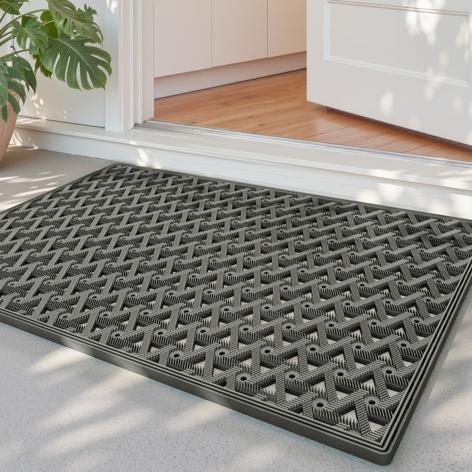 DEXI Outdoor Door Mat 48.5 x 75 cm, Non Slip Dirt Trapper Doormats Waterproof with Drainage Holes, Low Profile Entry Mats for Entrance, Patio, Garden, Grey