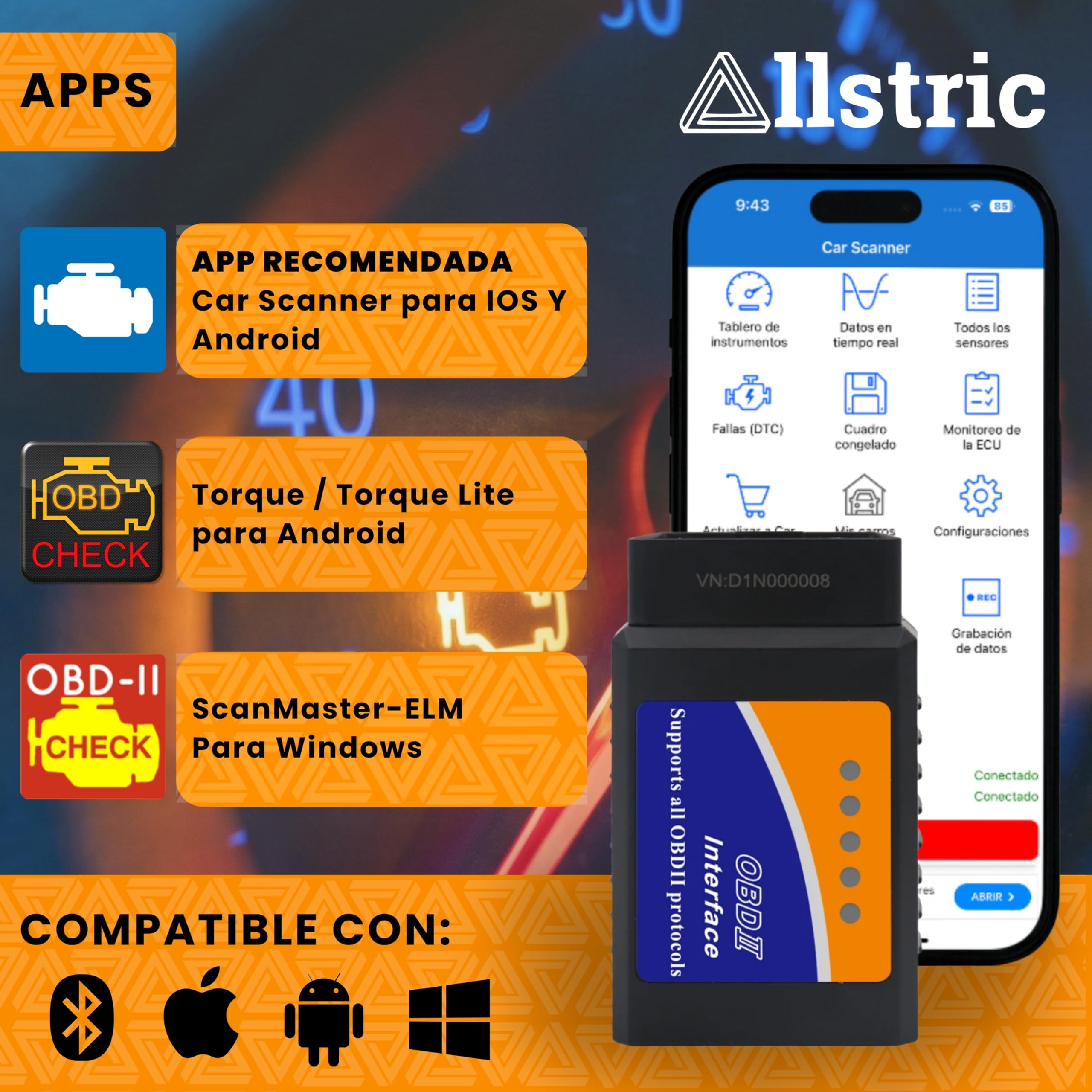 OBD2 Bluetooth para iOS, Android y Windows. OBD2 Diagnosis Coche Multimarca. Maquina Diagnosis Coche de Fallos y Errores de Motor. Escaner para Coches desde 1996 con toma OBD 2. Scanner OBD2