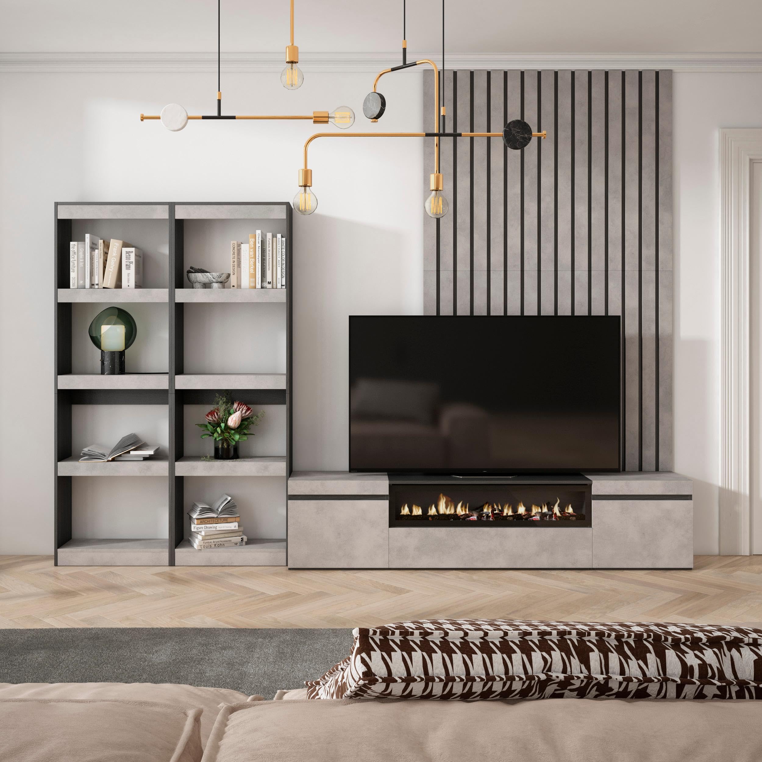Skraut Home | Muebles de Salón para TV | Conjunto de Muebles Comedor | 320x186x35cm | para TV hasta 80" | Chimenea eléctrica | Estilo Moderno | Cemento