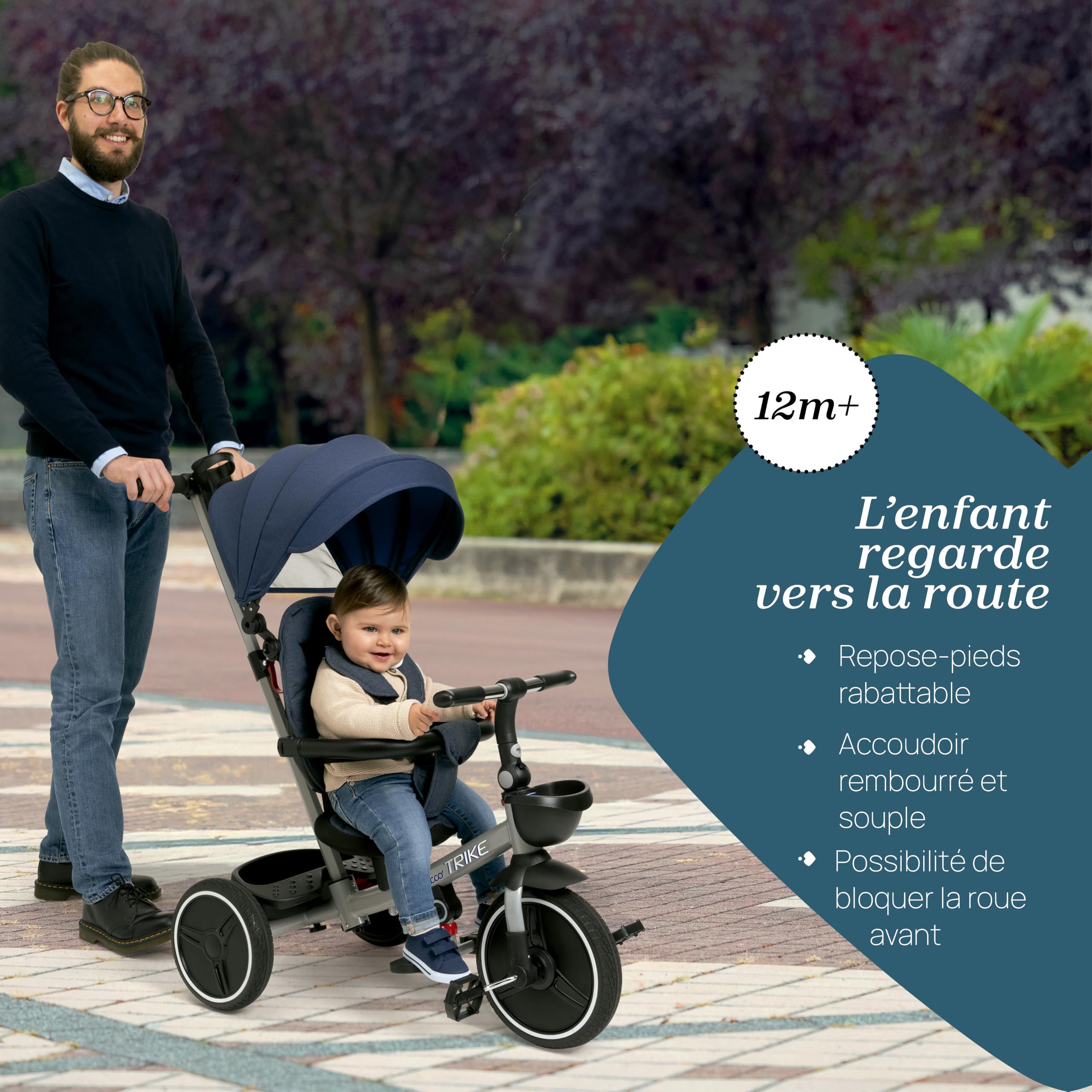 Chicco Tricycle Evolutif pour enfants 4en1, Cadre en métal, Roues en caoutchouc EVA, Harnais 4 points, Poignée télescopique et capote amovible, Poussette avec siège réversible, Paniers, 6 mois-5 ans