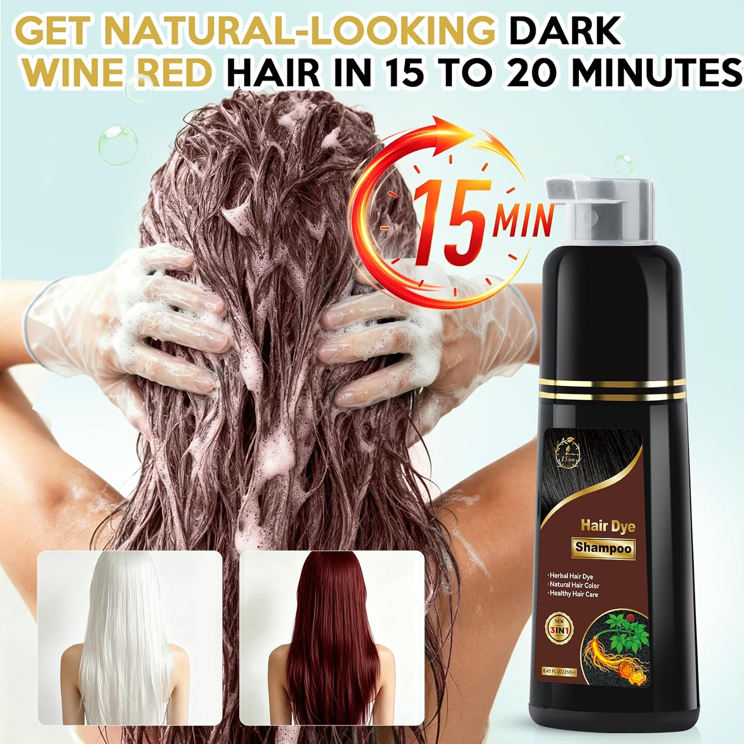 Hair Dye Shampoo 3 in 1, Herbal Shampoo Hair Dye for Women Men, Grey Coverage Shampoo (Dark Wine Red) image 3