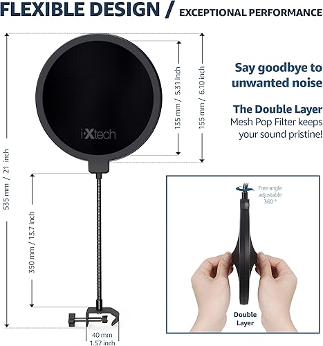 Miniatura 3 de Ixtech Filtro pop para micrófono, filtro pop Blue Yeti, pantalla de doble capa con un clip flexible de cuello de cisne de 360 grados con