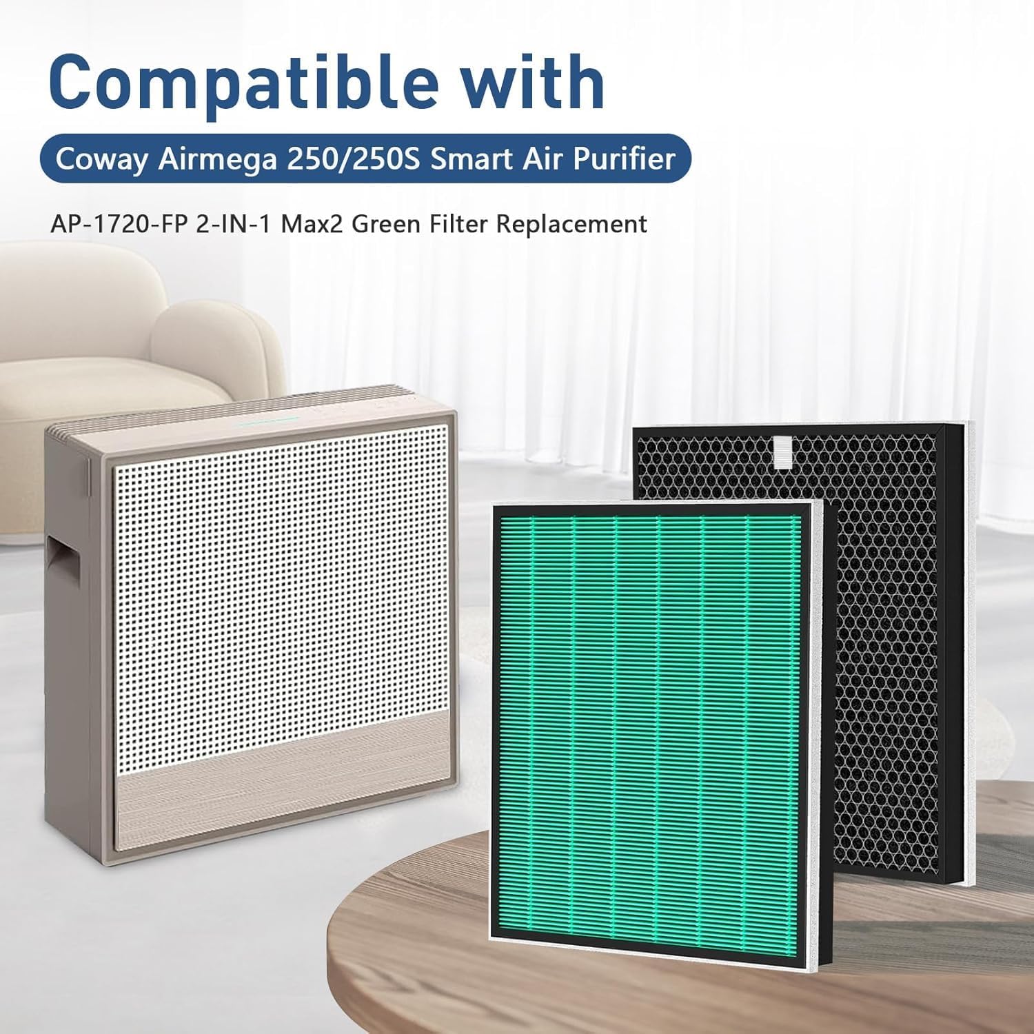 2 Pack Air Purifier Replacement Filter Compatible with Coway Airmega 250/250S Air Purifier, Max 2 Green AP 1720 FP True HEPA and Active Carbon Filter (2) - Image 2