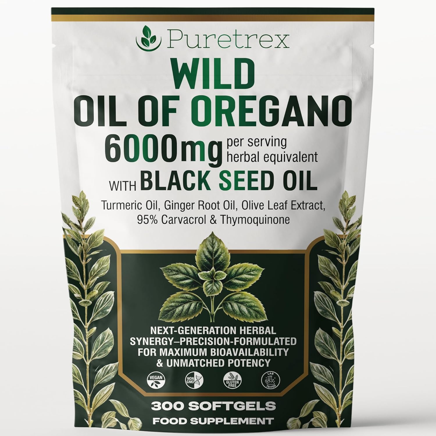 PURETREX Wild Oregano Oil 6000mg with Black Seed, Turmeric & Ginger – 300 Softgels | 95% Carvacrol for Immune & Gut Support | High-Potency Herbal Blend