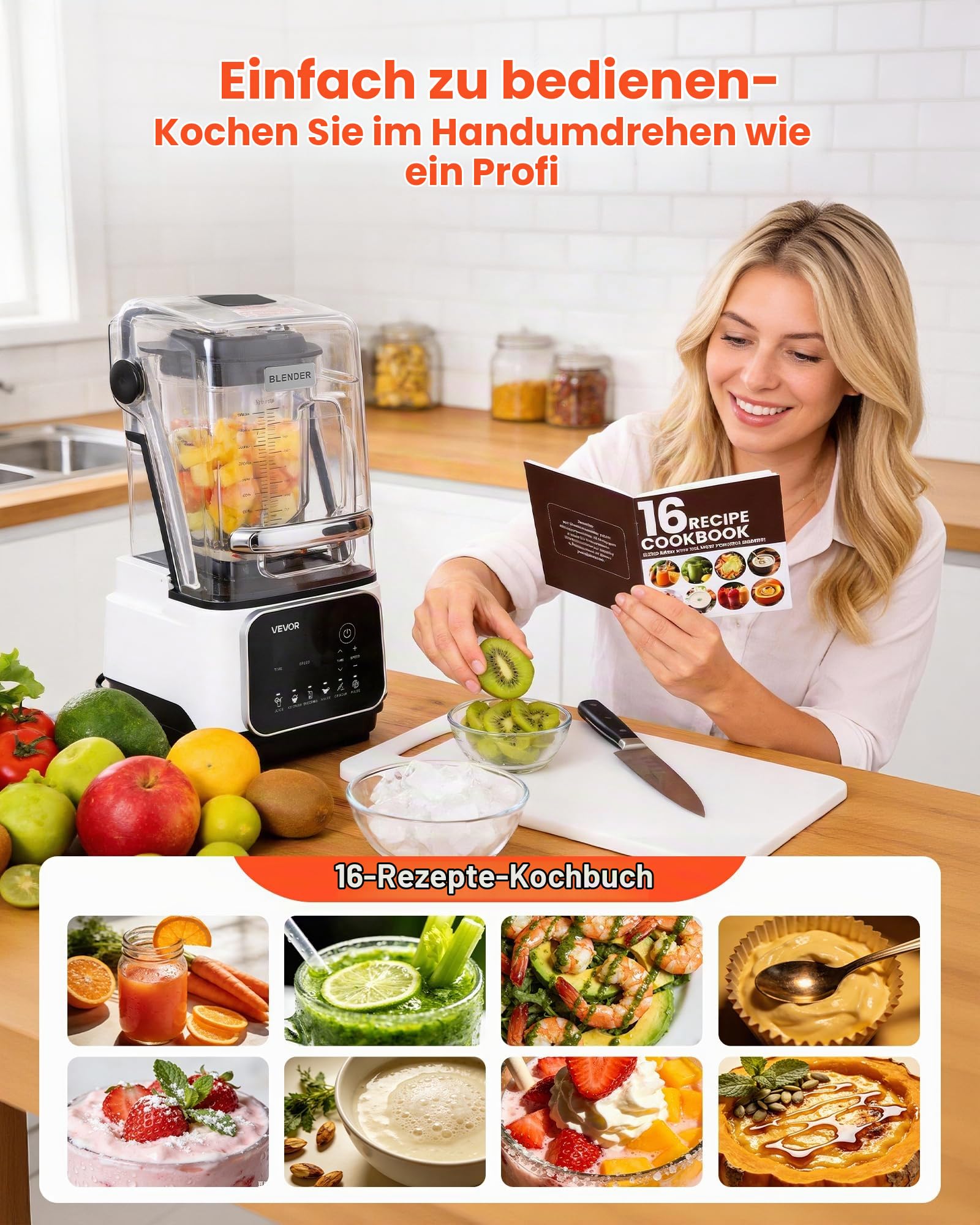 VEVOR Standmixer 2 L Smoothie Mixer mit Schutzabdeckung 2200 W Crushed Ice Maker mit Selbstreinigungsfunktion Einstellbarer Drehzahl 6 Voreingestellte Programme für Smoothies Eiscrushing Pürees Weiß