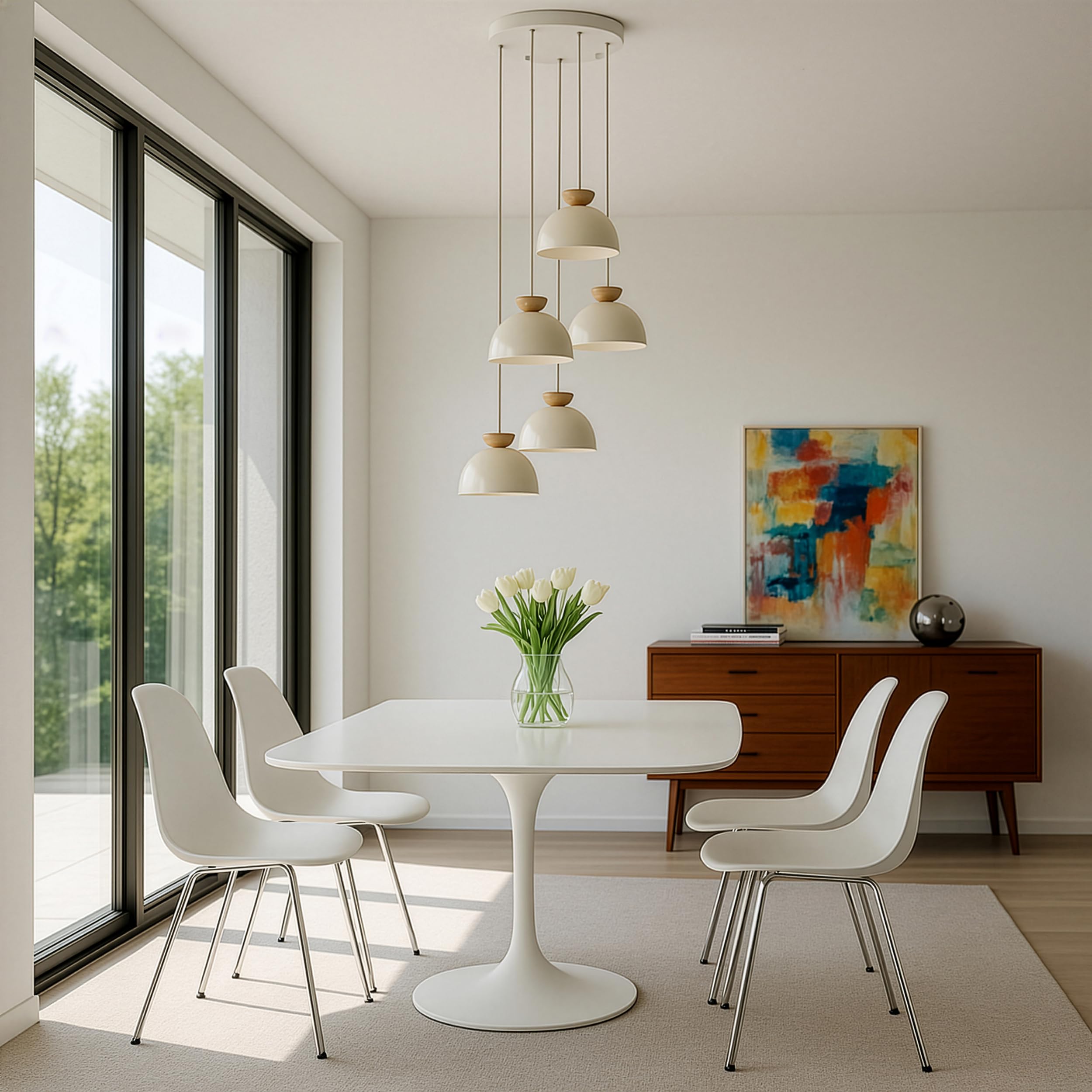 Lightbox Lampada a sospensione a fungo cavo accorciabile e accenti in legno | 1,66 m di altezza, Ø 45 cm | lampada a sospensione rotonda | attacco E27 | lampada da corridoio o galleria in metallo