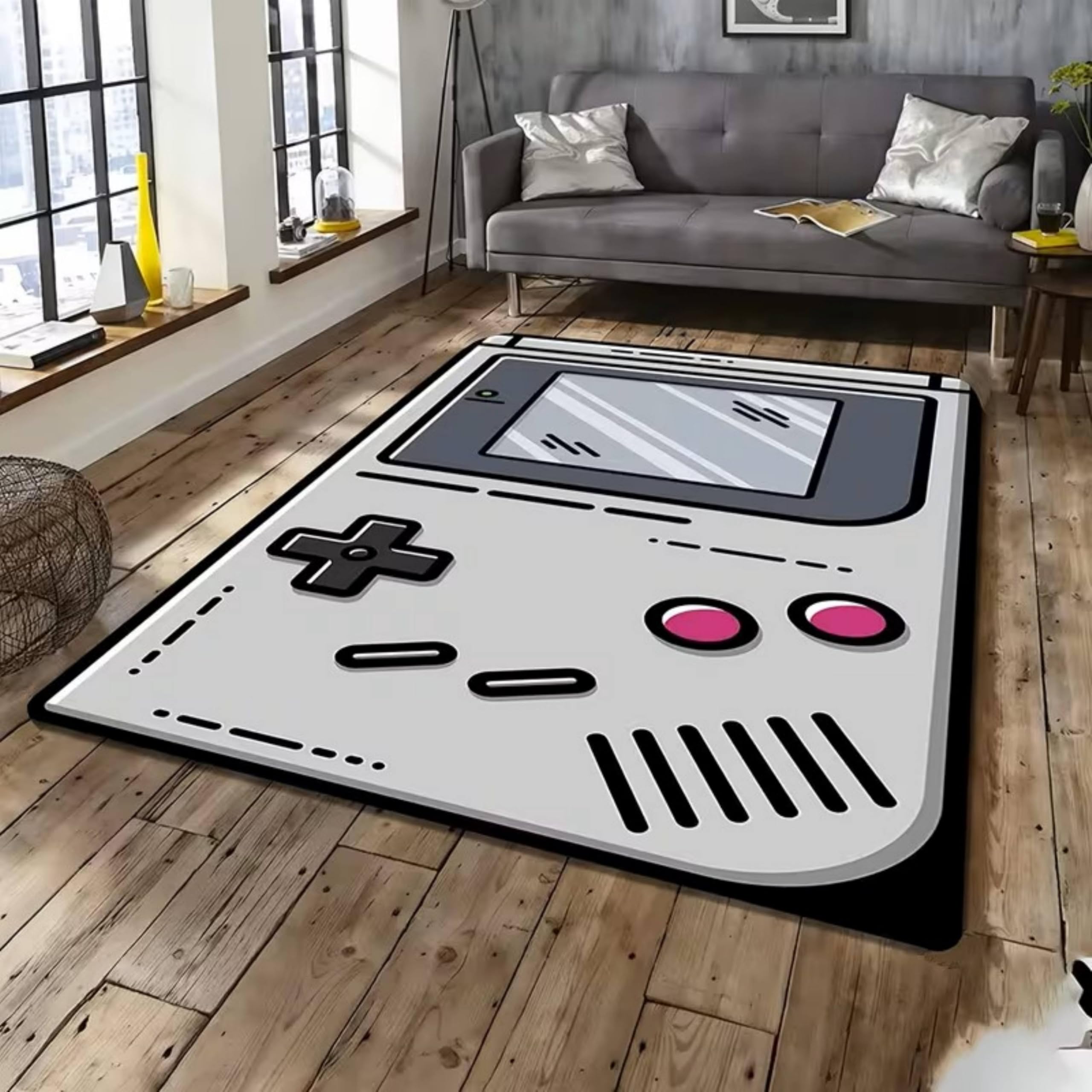 Retro Game Boy Gaming Teppich, 140x200cm Klassisches Handheld-Motiv Spielteppich, Kurzer Flor Anti-Rutsch Waschbarer Teppich für Spielzimmer, Retro-Gamer, Jugendzimmer, Wohnzimmer