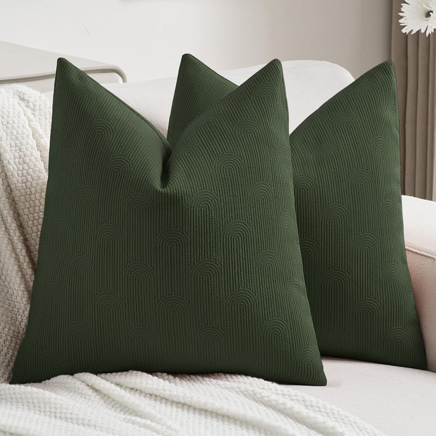FUTEI Dark Green Chenille Decorative Throw Pillow Covers 26x26 Inch Set of 2,Soft Cozy Striped Geometric Patterns Euro Pillow Shams,Modern Home Decor for Couch Bed Living Room