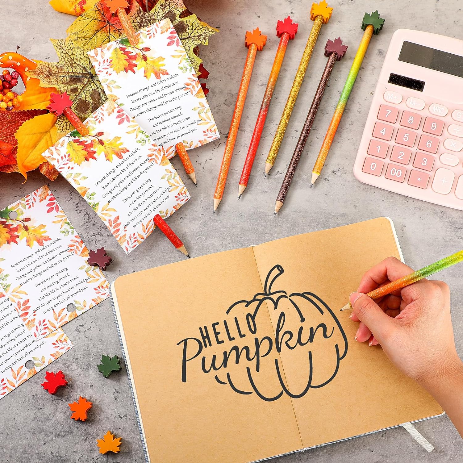 Harloon 100 Set Thanksgiving Gifts Fall Pencils Including Thanksgiving Pencils with Cute Mini Maple Leaf Erasers Fall Cards Autumn Harvest Party Favors Bulk for Classroom Students School Prizes