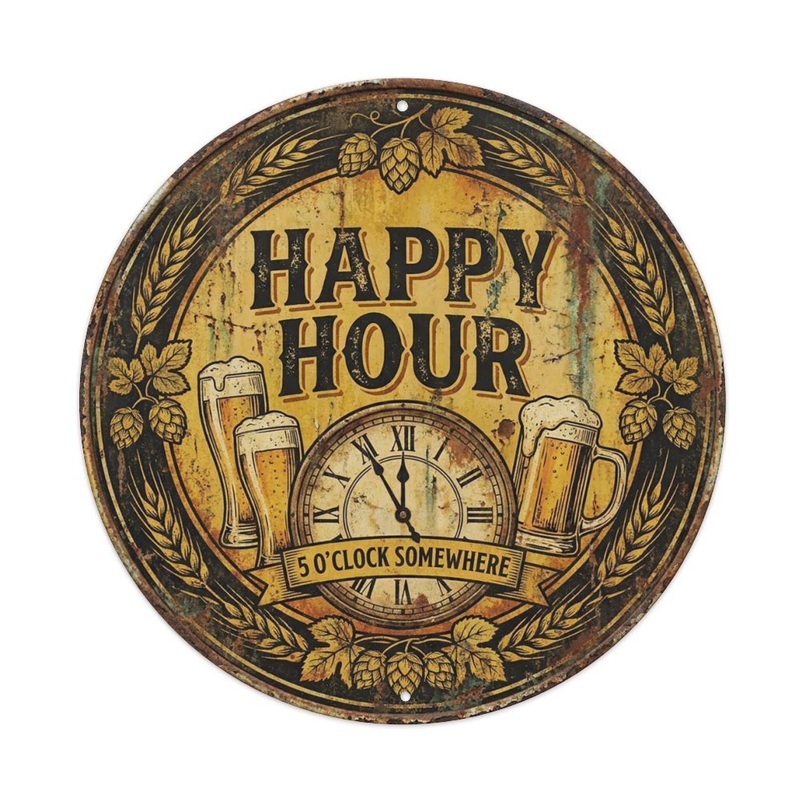 Vintage Beer Brewery Happy Hour Retro Bar for Pub Vintage Metal Tin Sign Plaque Wall Decor for Cafe, Club Bar, Office, Garden Metal Poster 8x8Inch