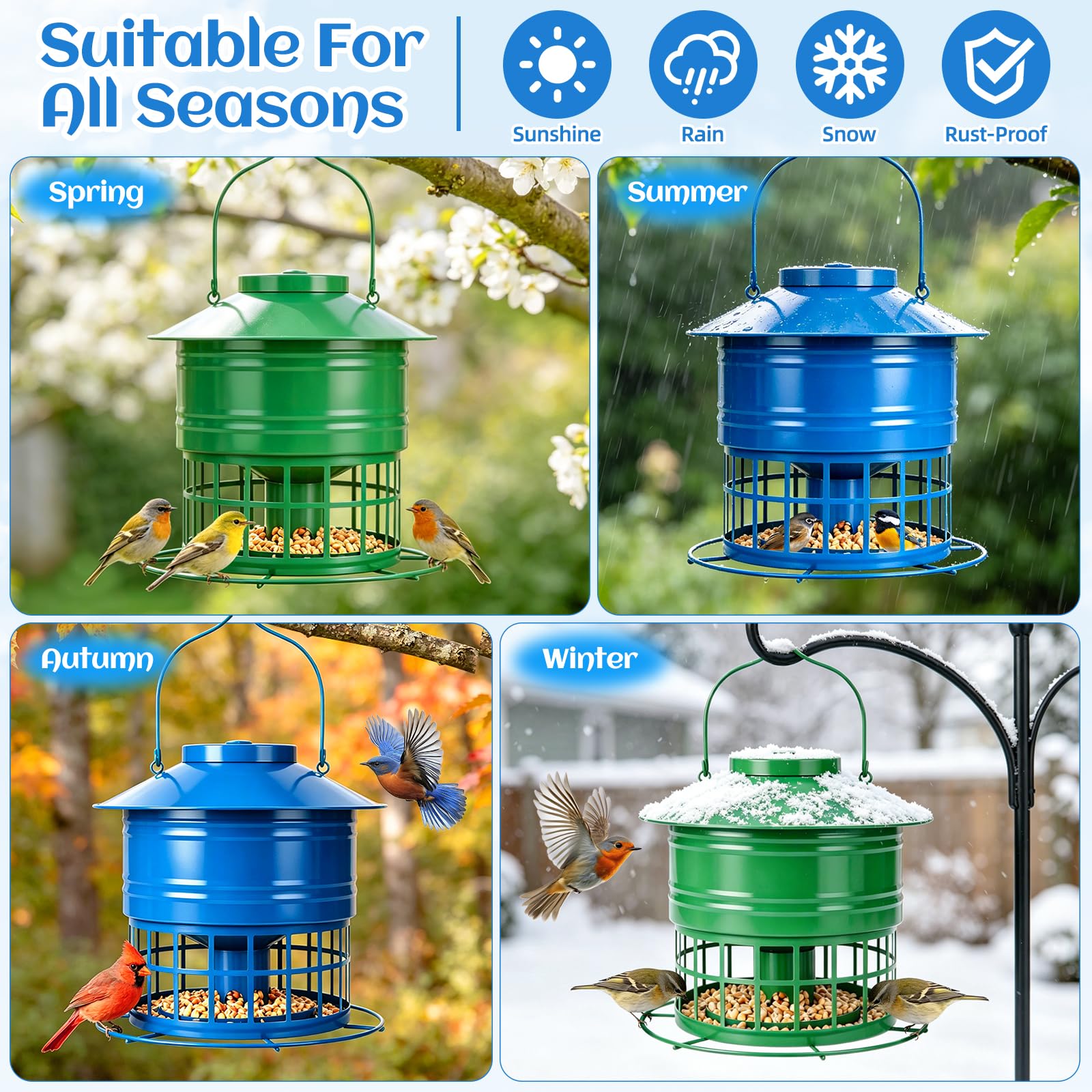 Vogelfutterstation für draußen, Eichhörnchensicher Vogelfutterspender für draußen, 4,5 kg, Metallkäfig-Futterstation für Wildvögel, mit 32 Futteröffnungen, hängende Vogelfutterstation für kleine Vögel
